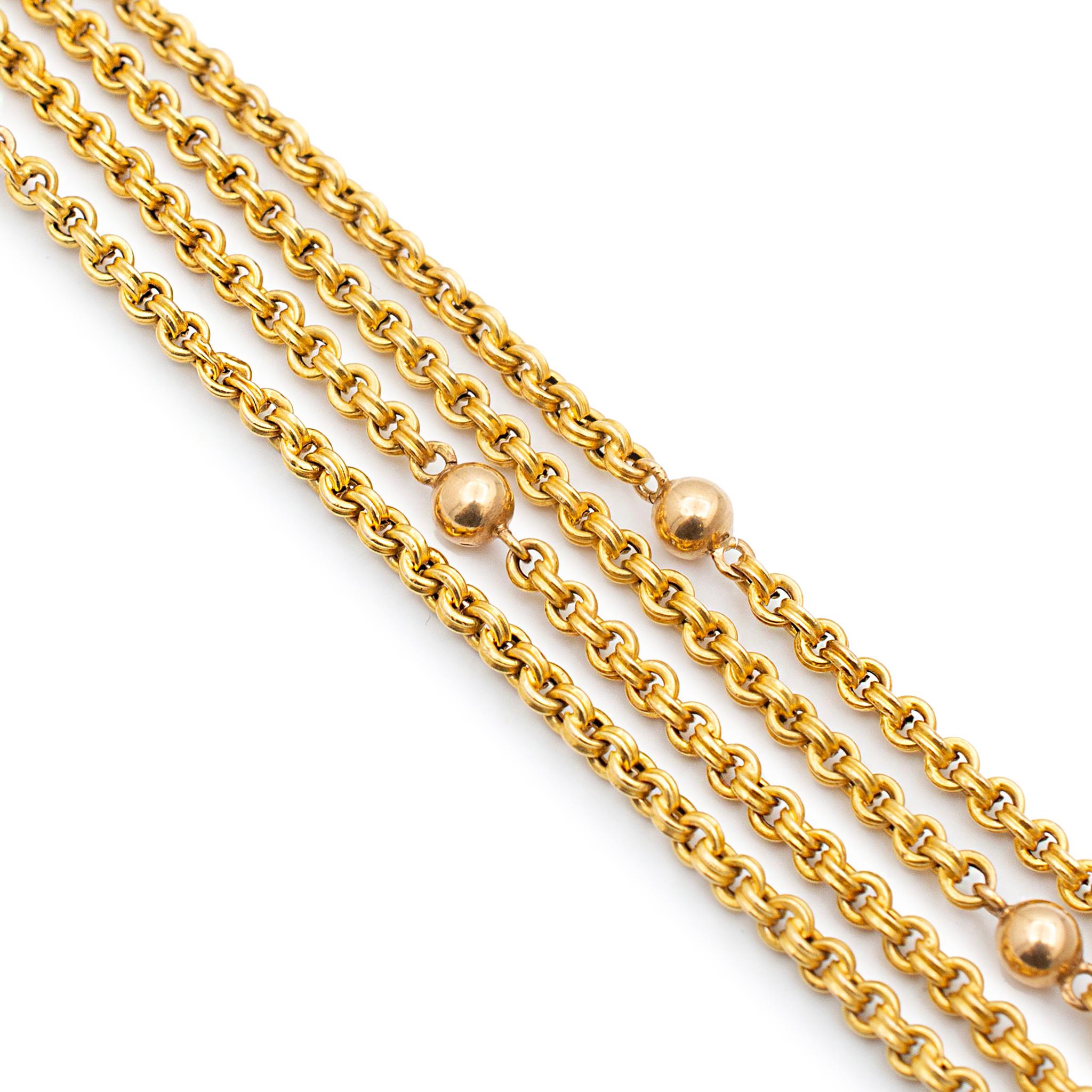 Ladies 18K Yellow 70” Double Rolo Station Bead Chain In Excellent Condition For Sale In Houston, TX