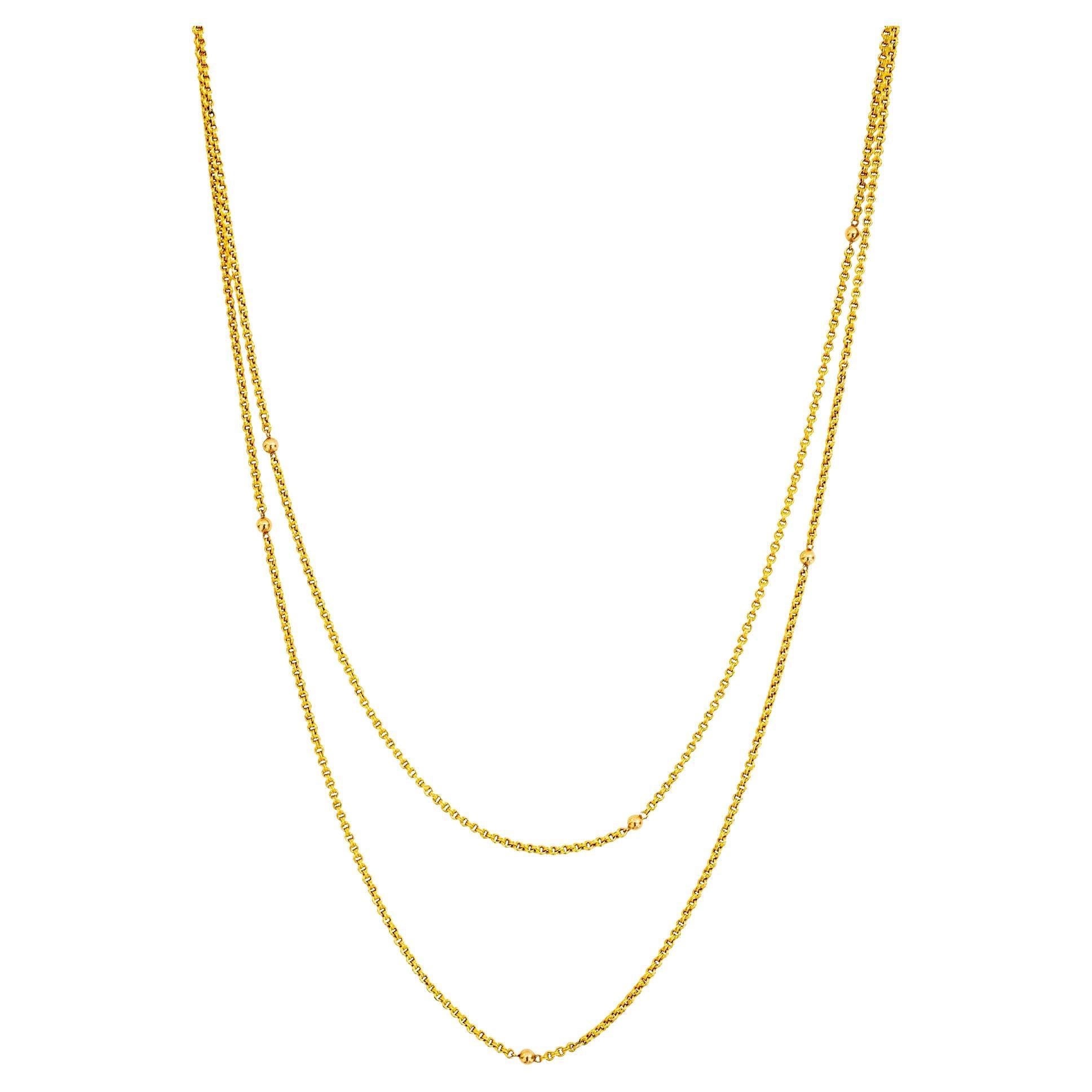 Ladies 18K Yellow 70” Double Rolo Station Bead Chain For Sale