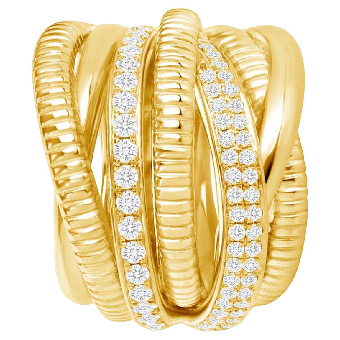 Ladies 18K Yellow Gold 0.88 CT Diamond Crossover Ring For Sale