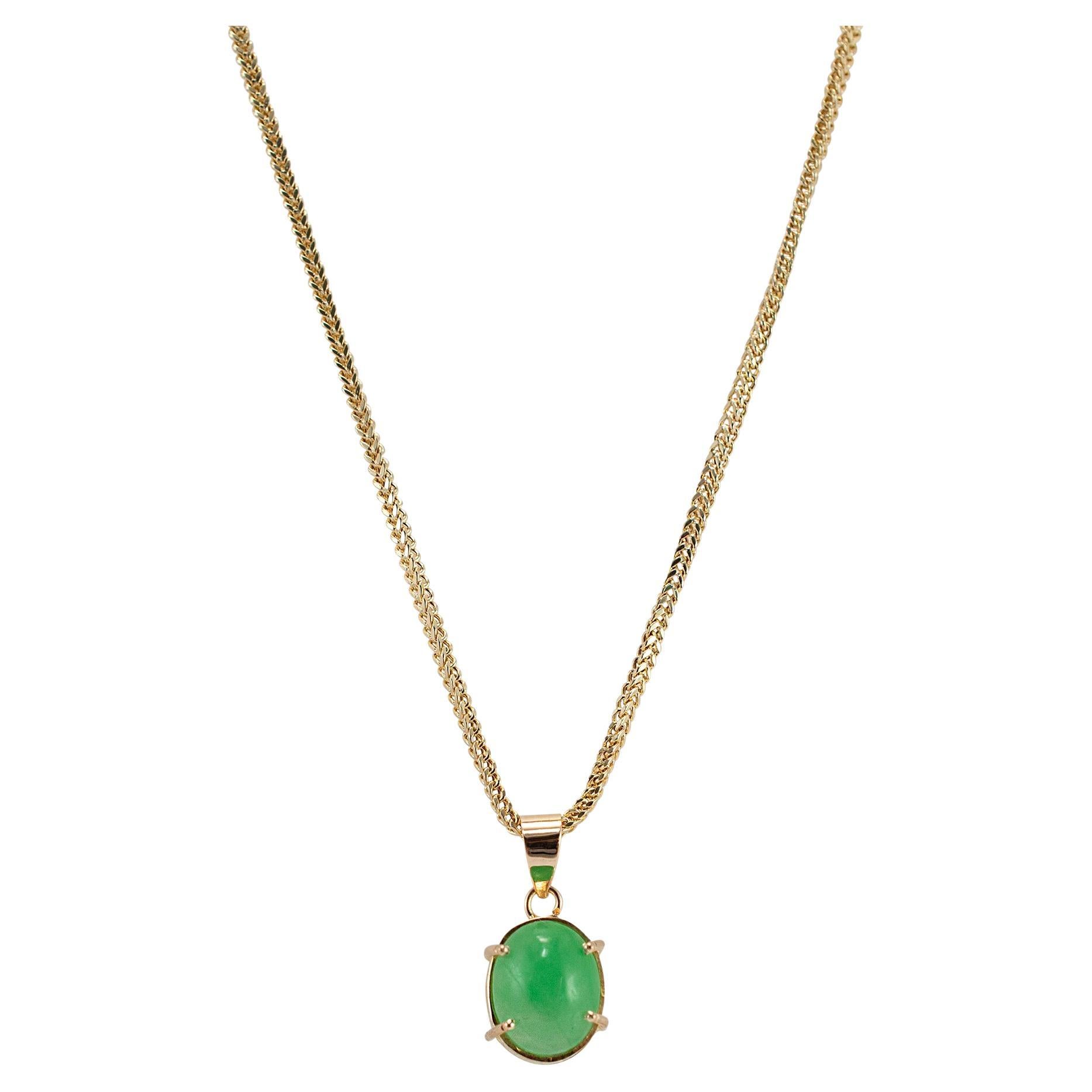 Ladies 18K Yellow Gold Cabochon Oval Emerald Solitaire Pendant Necklace