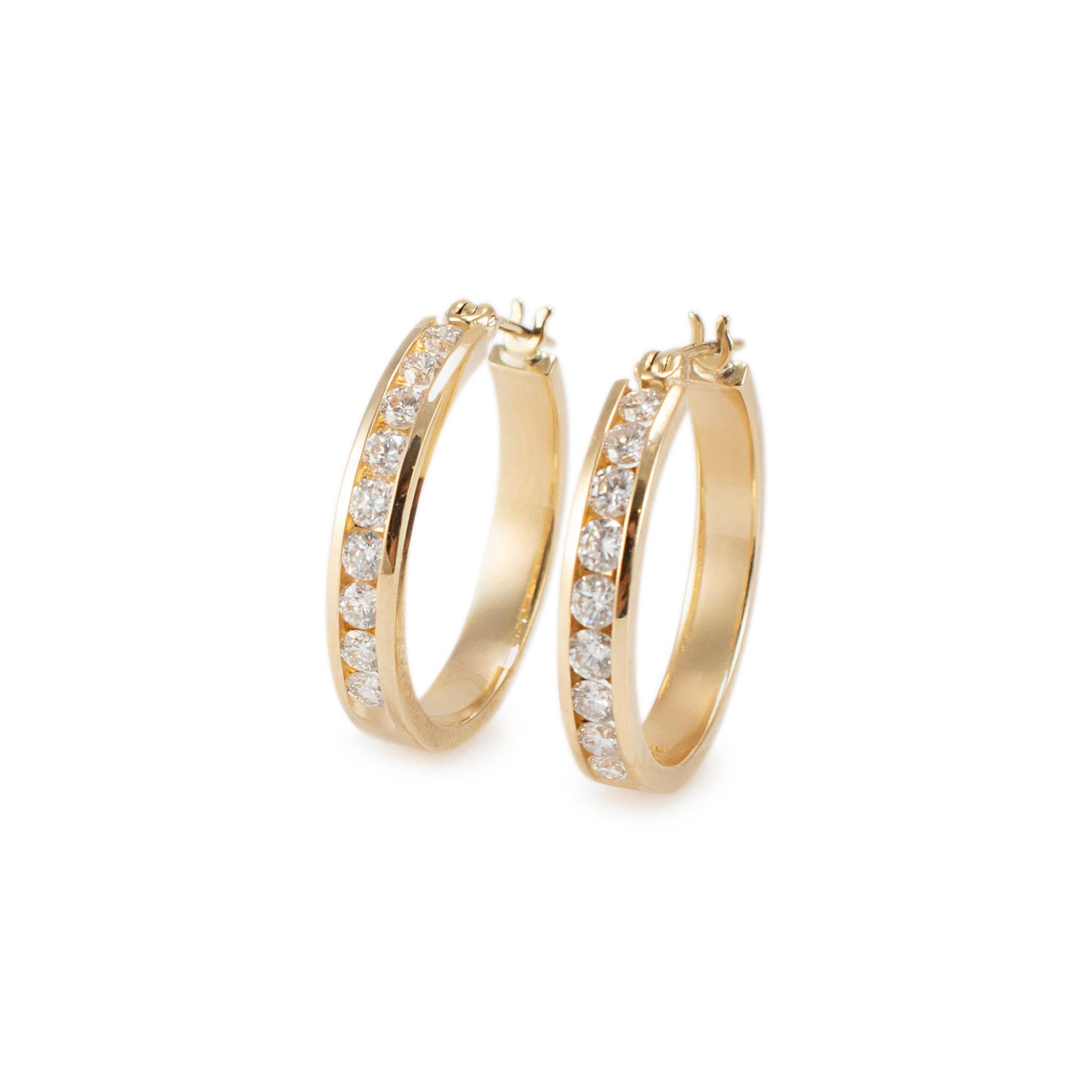 Round Cut Ladies 18K Yellow Gold Channel Set Half Eternity Diamond Hoop Earrings