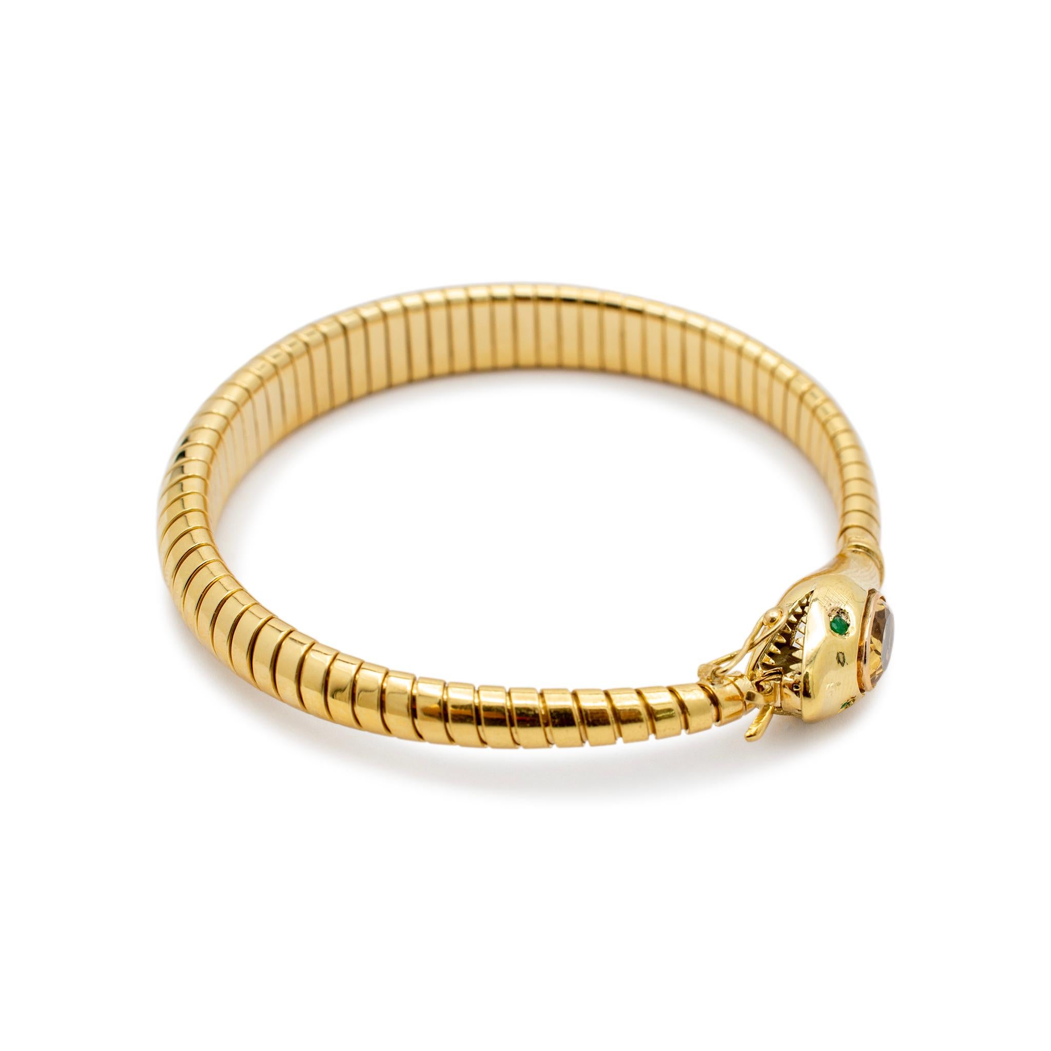 Round Cut Ladies 18K Yellow Gold Citrine Emerald Snake Flexible Bangle Bracelet For Sale
