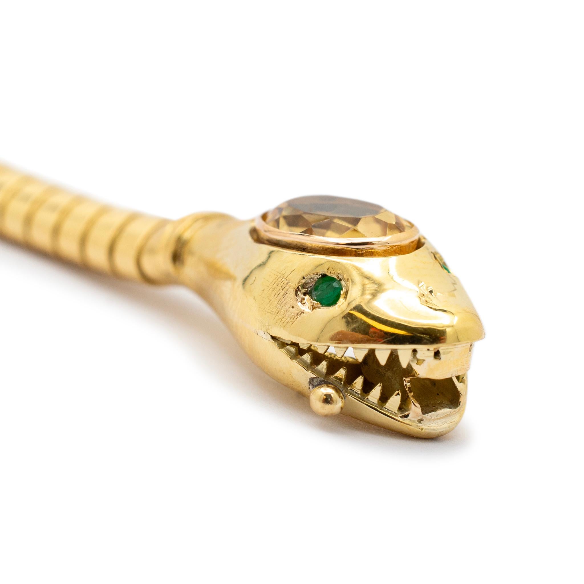 Women's Ladies 18K Yellow Gold Citrine Emerald Snake Flexible Bangle Bracelet For Sale