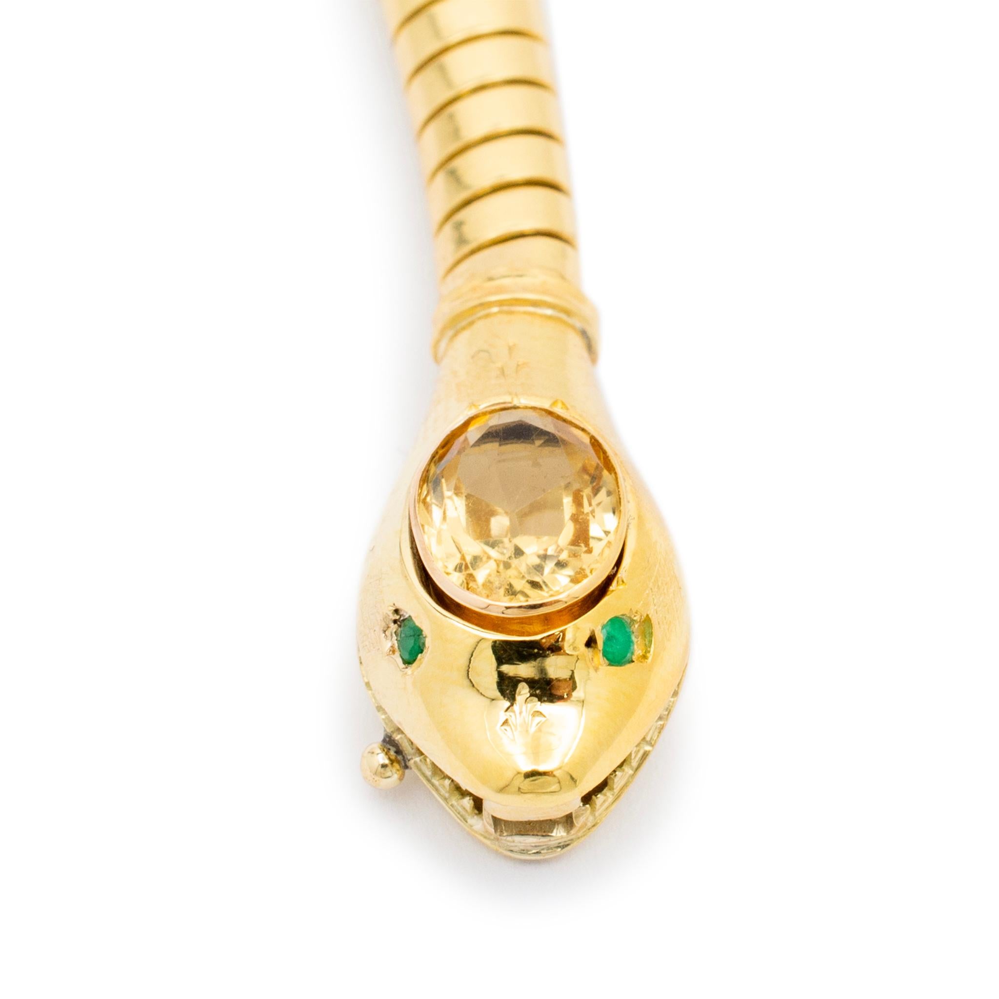 Bracelet jonc souple pour femmes en or jaune 18 carats, citrine, émeraude et serpent en vente 1