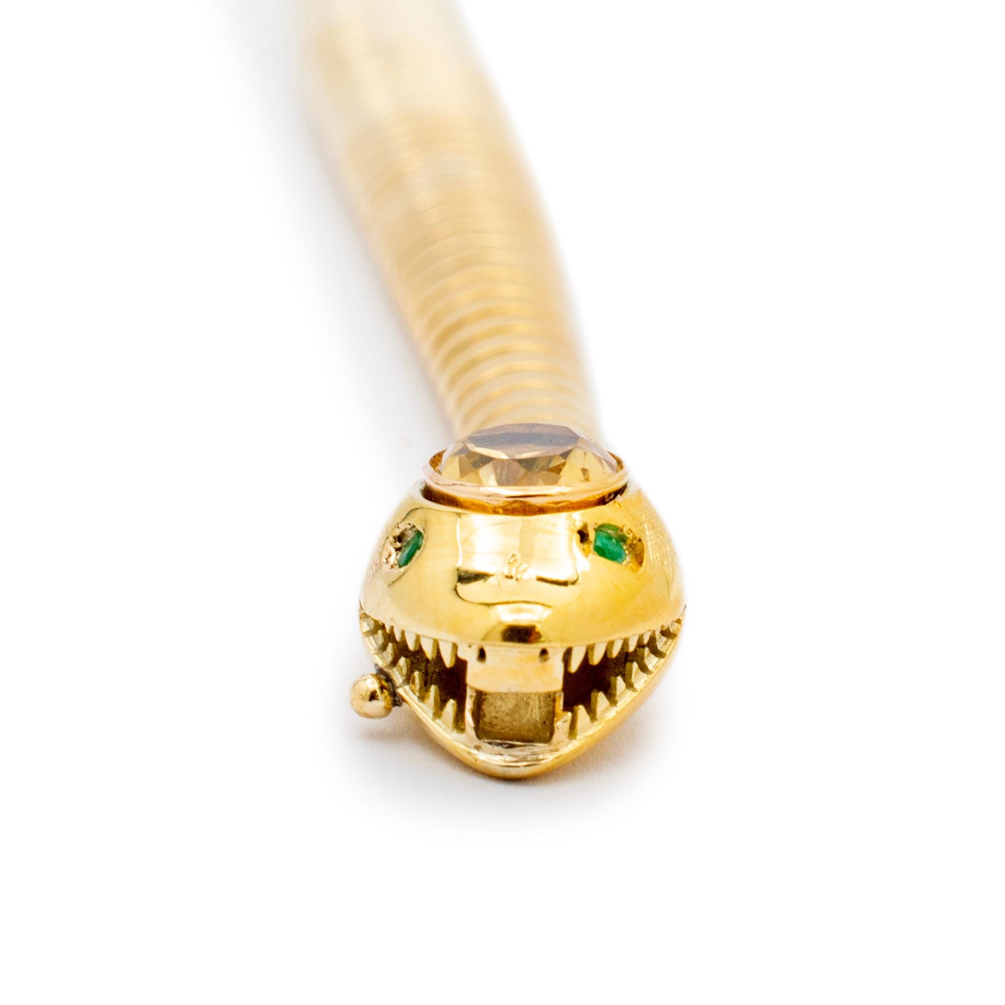 Ladies 18K Yellow Gold Citrine Emerald Snake Flexible Bangle Bracelet For Sale 2