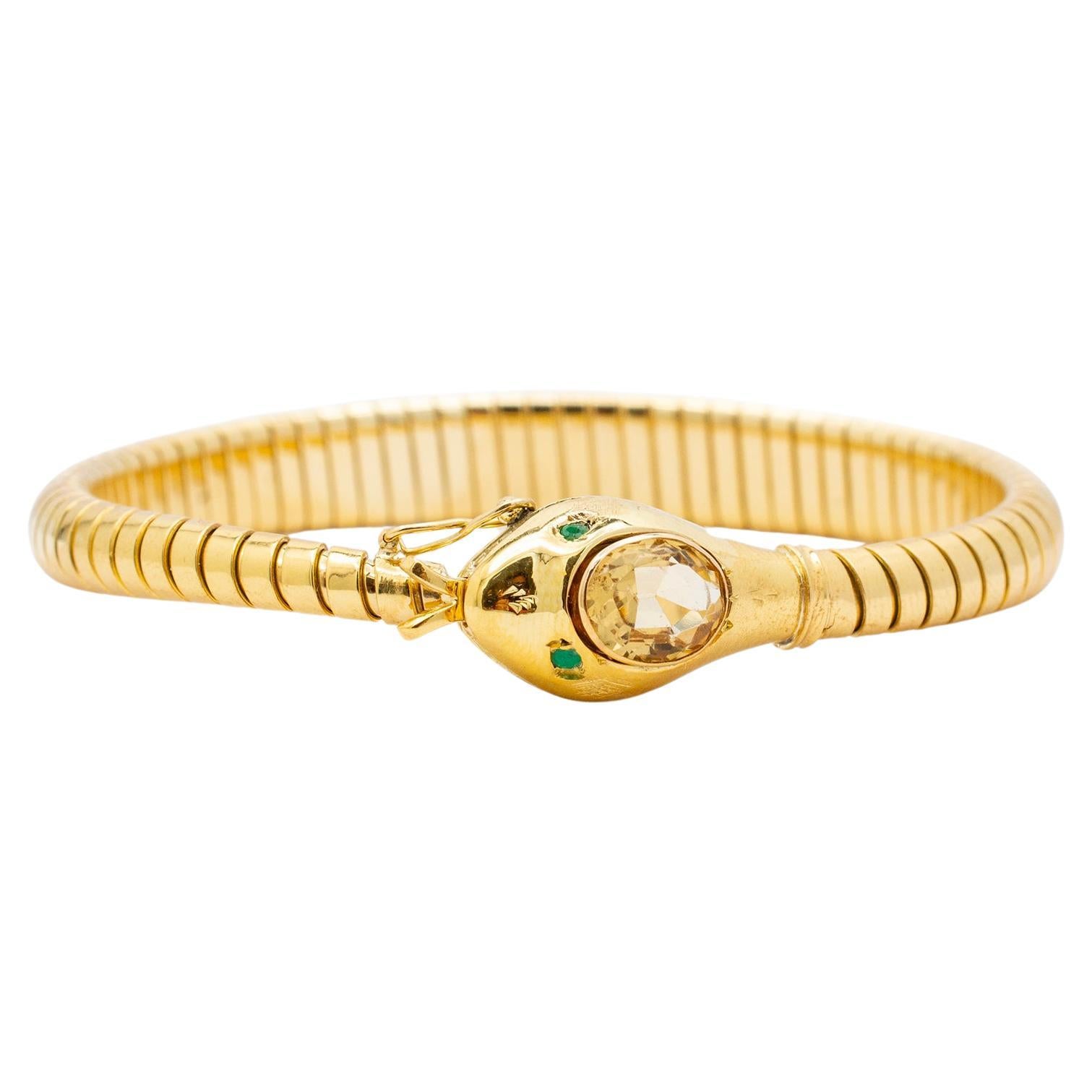 Bracelet jonc souple pour femmes en or jaune 18 carats, citrine, émeraude et serpent en vente
