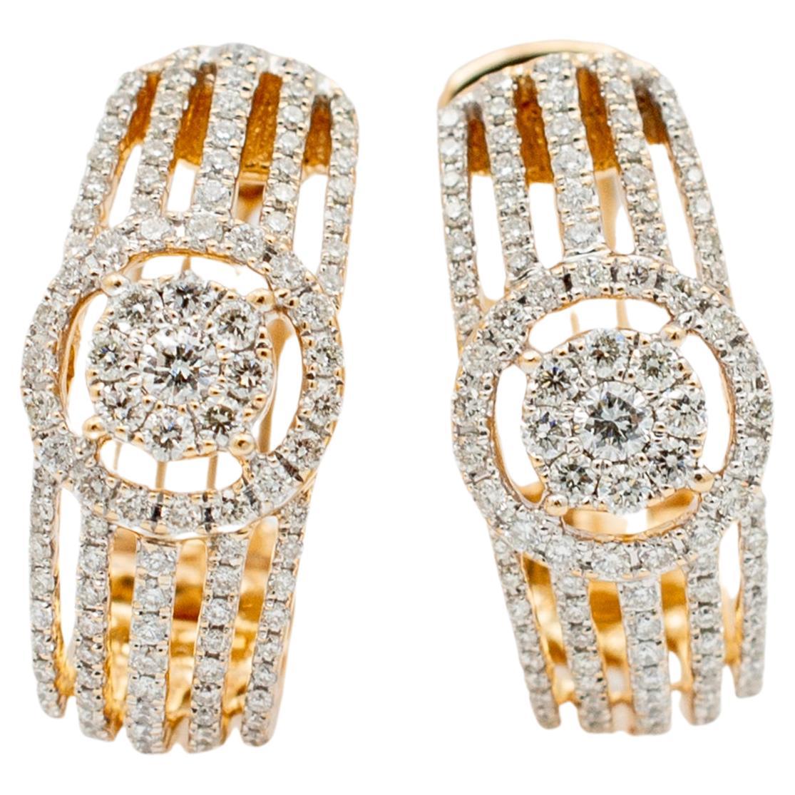 Ladies 18K Yellow Gold Cluster Diamond Huggie Earrings For Sale