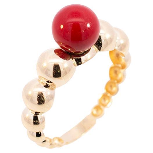 Ladies 18k Yellow Gold Coral Beads Cocktail Ring For Sale