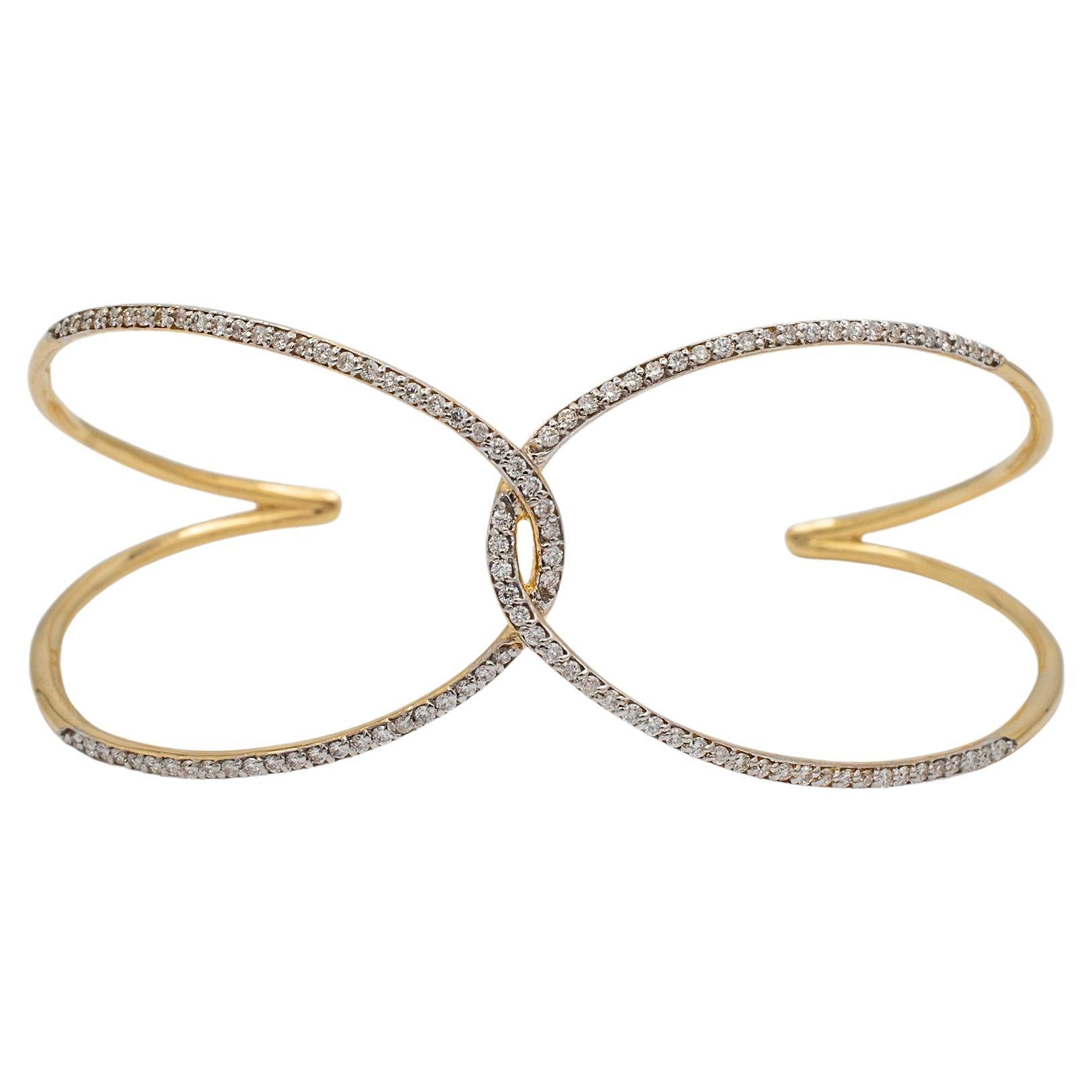Ladies 18K Yellow Gold Diamond Butterfly Cuff Bracelet For Sale