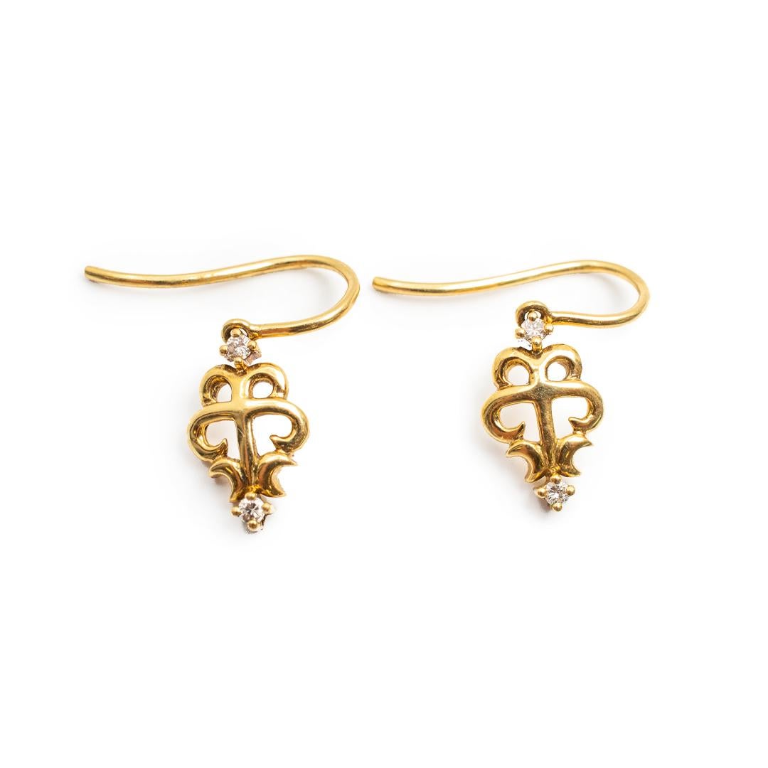 Round Cut Ladies 18K Yellow Gold Diamond Dangle Earrings For Sale