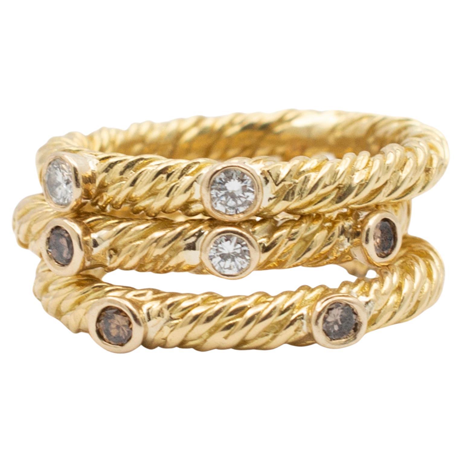 Ladies 18K Yellow Gold Diamond Three Stackable Band Rings Set For Sale