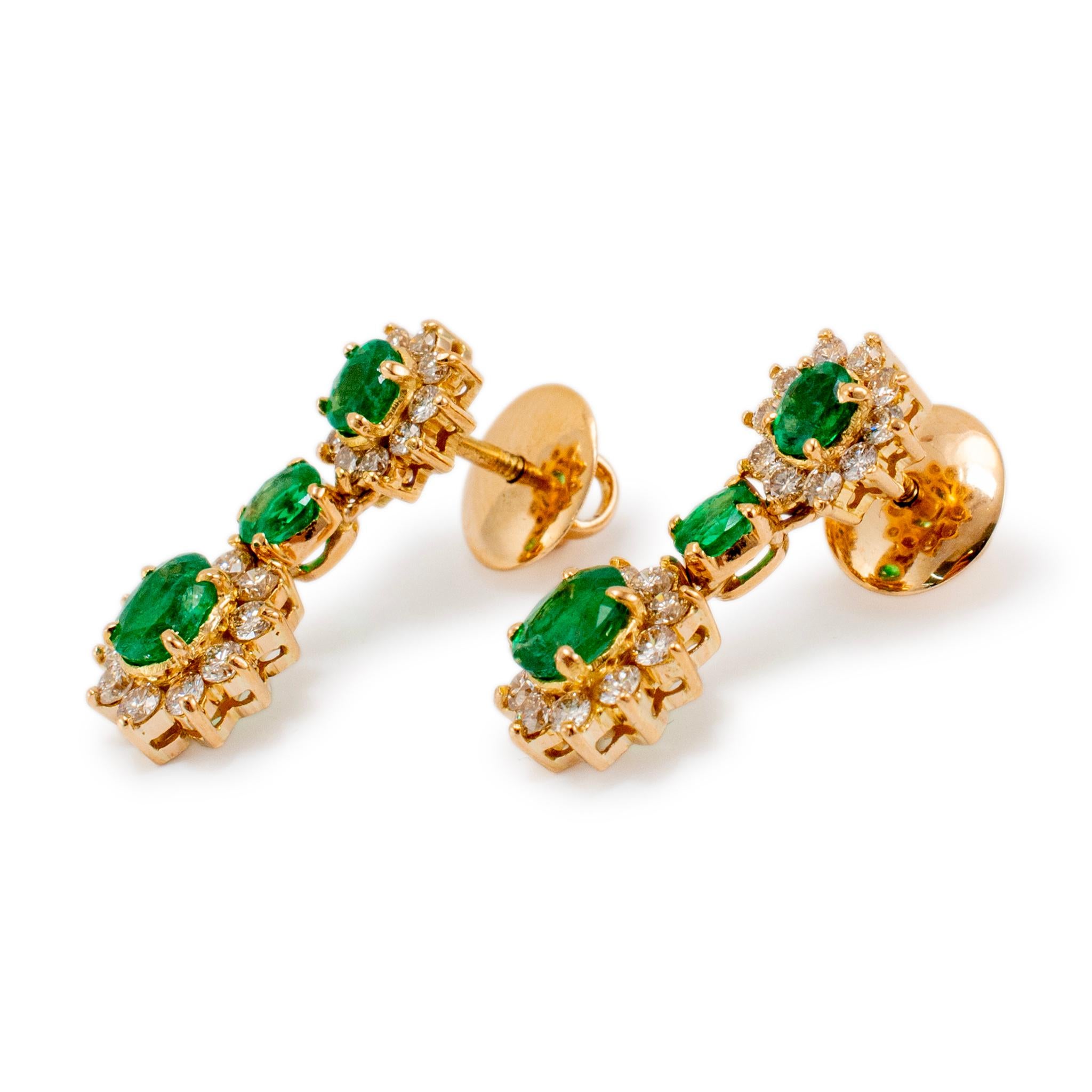 Oval Cut Ladies 18K Yellow Gold Emerald Halo Diamond Drop Earrings For Sale