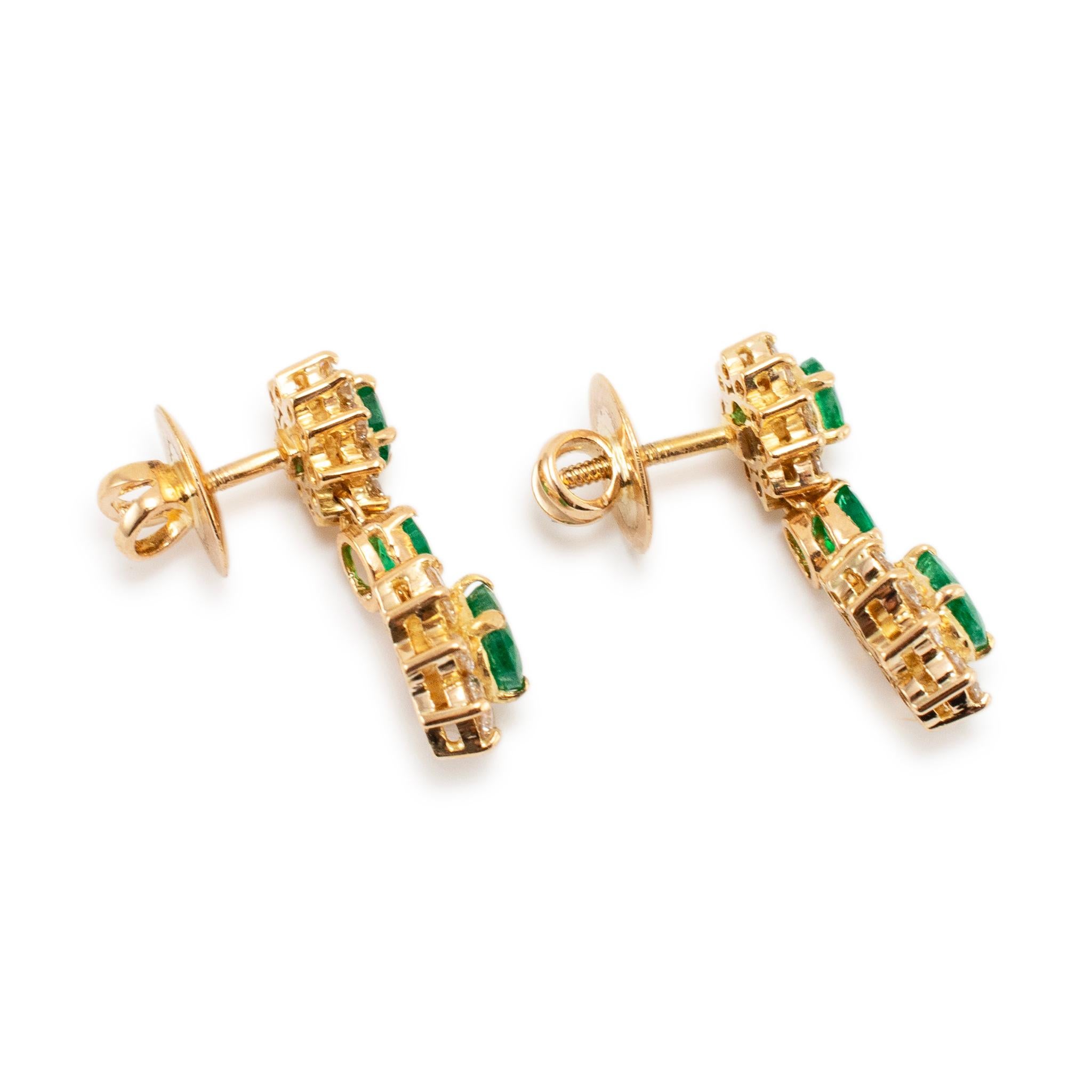 Ladies 18K Yellow Gold Emerald Halo Diamond Drop Earrings In Excellent Condition For Sale In Houston, TX