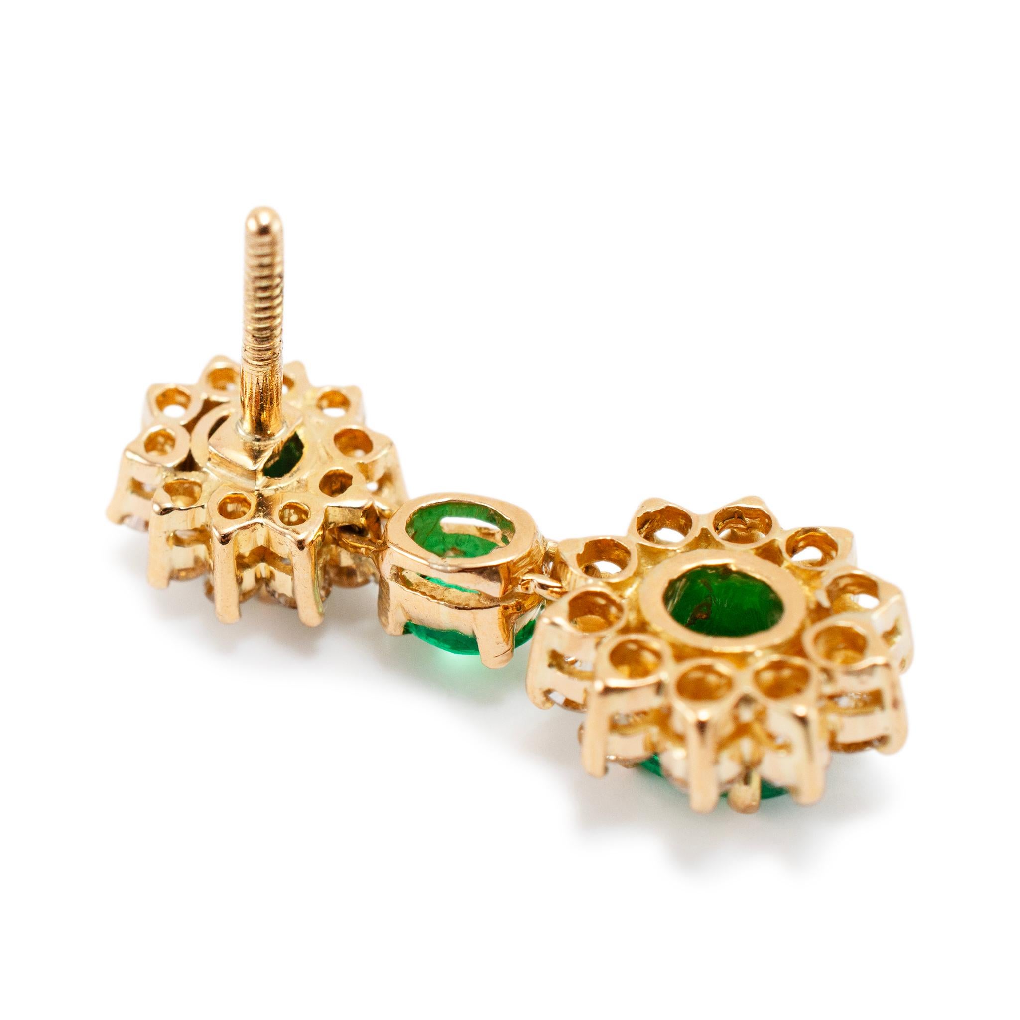 Women's Ladies 18K Yellow Gold Emerald Halo Diamond Drop Earrings For Sale