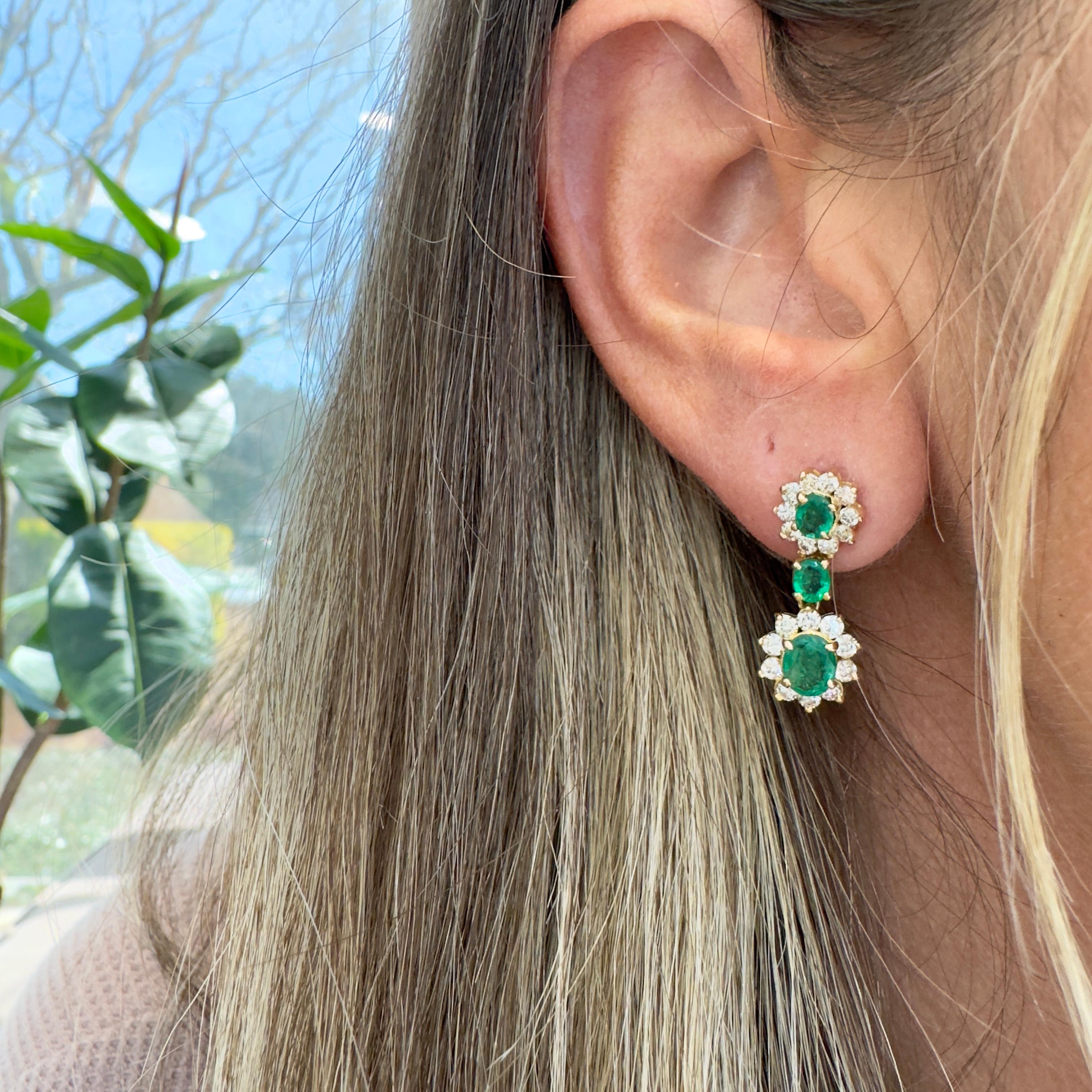 Ladies 18K Yellow Gold Emerald Halo Diamond Drop Earrings For Sale 1