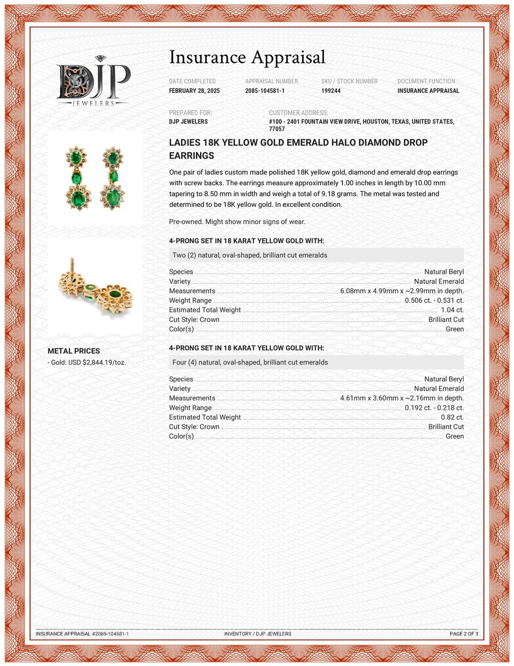 Ladies 18K Yellow Gold Emerald Halo Diamond Drop Earrings For Sale 2