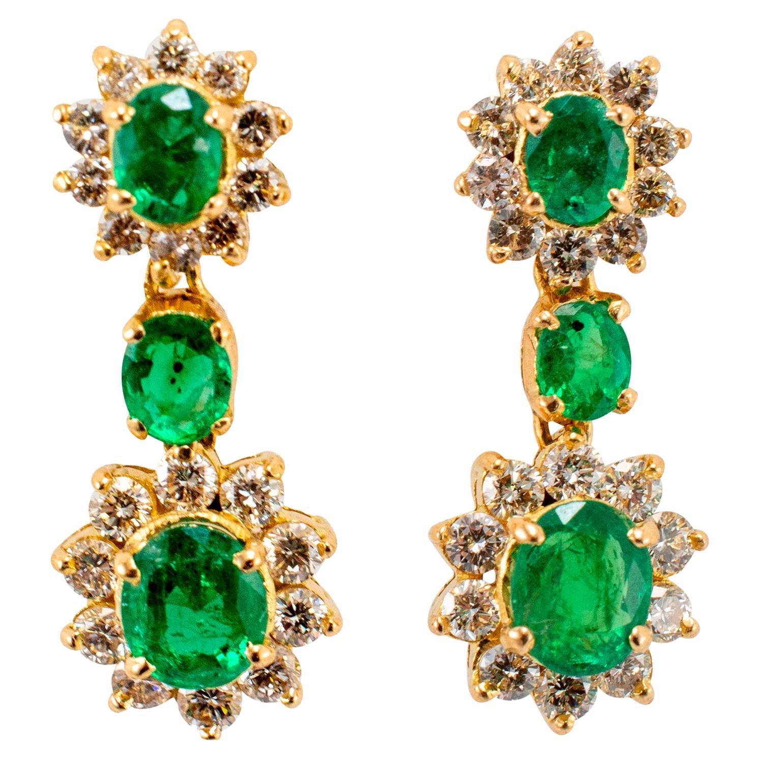 Ladies 18K Yellow Gold Emerald Halo Diamond Drop Earrings