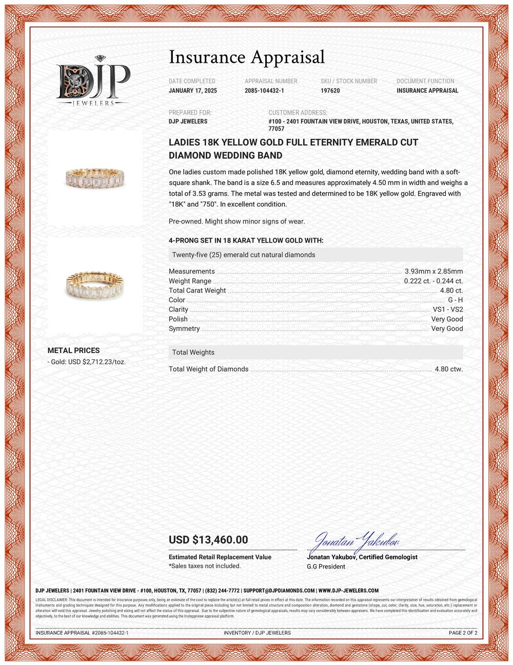 Ladies 18K Yellow Gold Full Eternity Emerald Cut Diamond Wedding Band For Sale 1