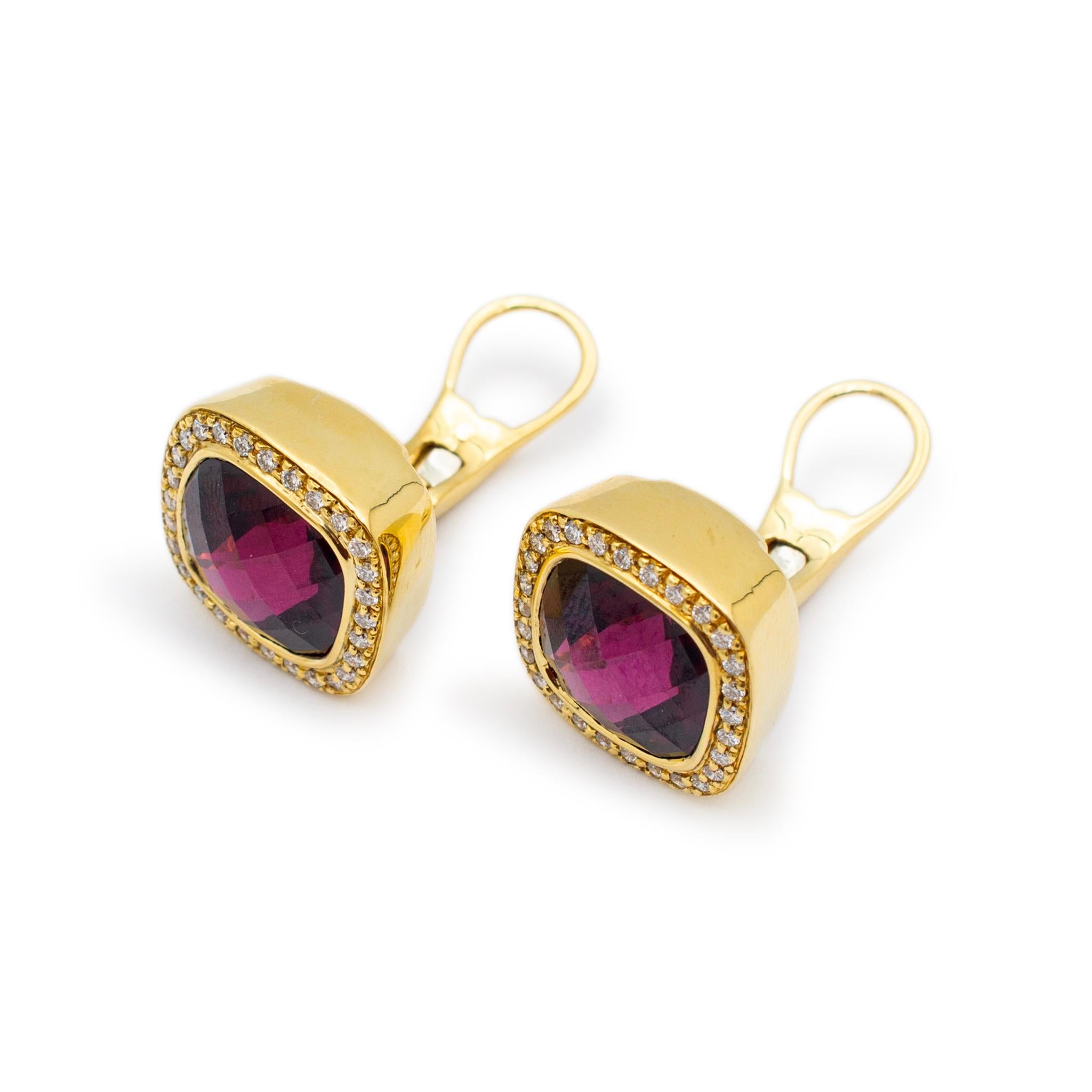 Cushion Cut Ladies 18K Yellow Gold Garnet Halo Diamond Cushion Shaped Clip on Stud Earrings