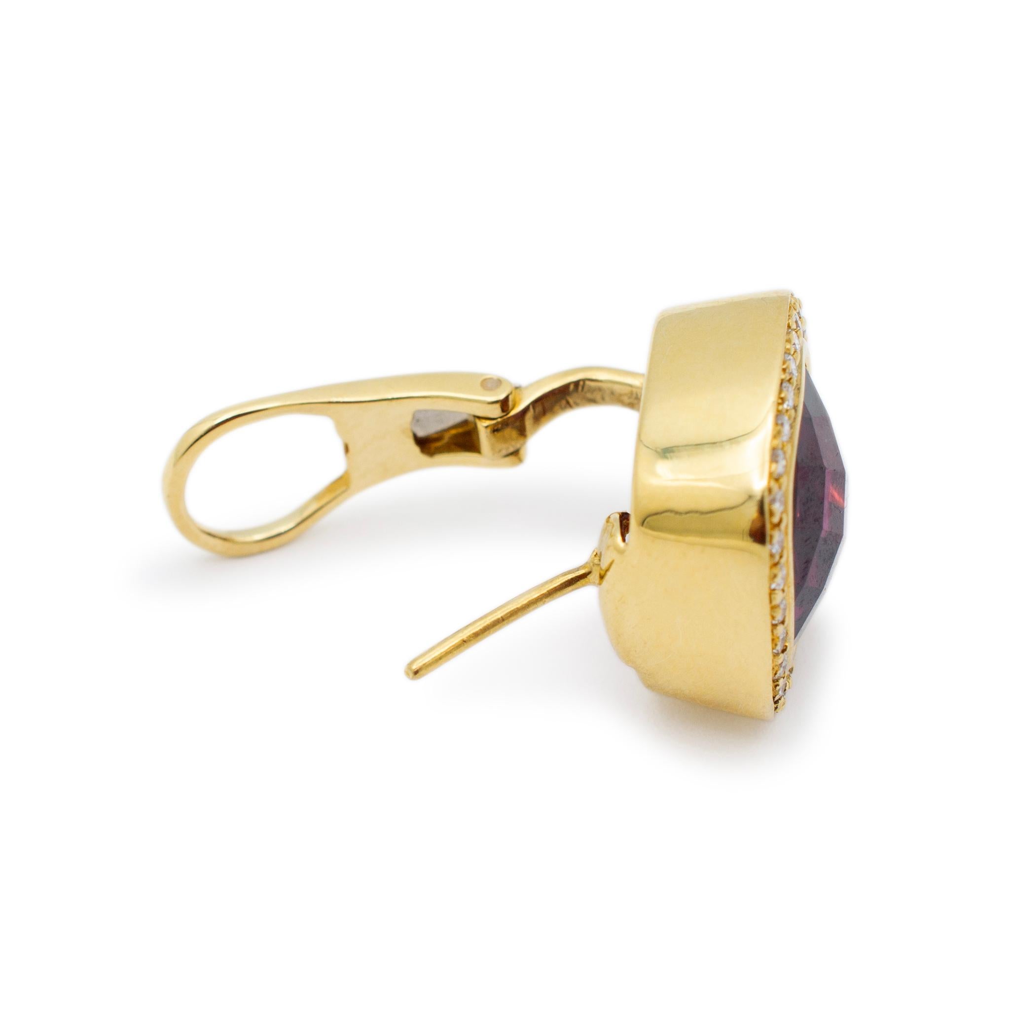 Ladies 18K Yellow Gold Garnet Halo Diamond Cushion Shaped Clip on Stud Earrings In Excellent Condition In Houston, TX