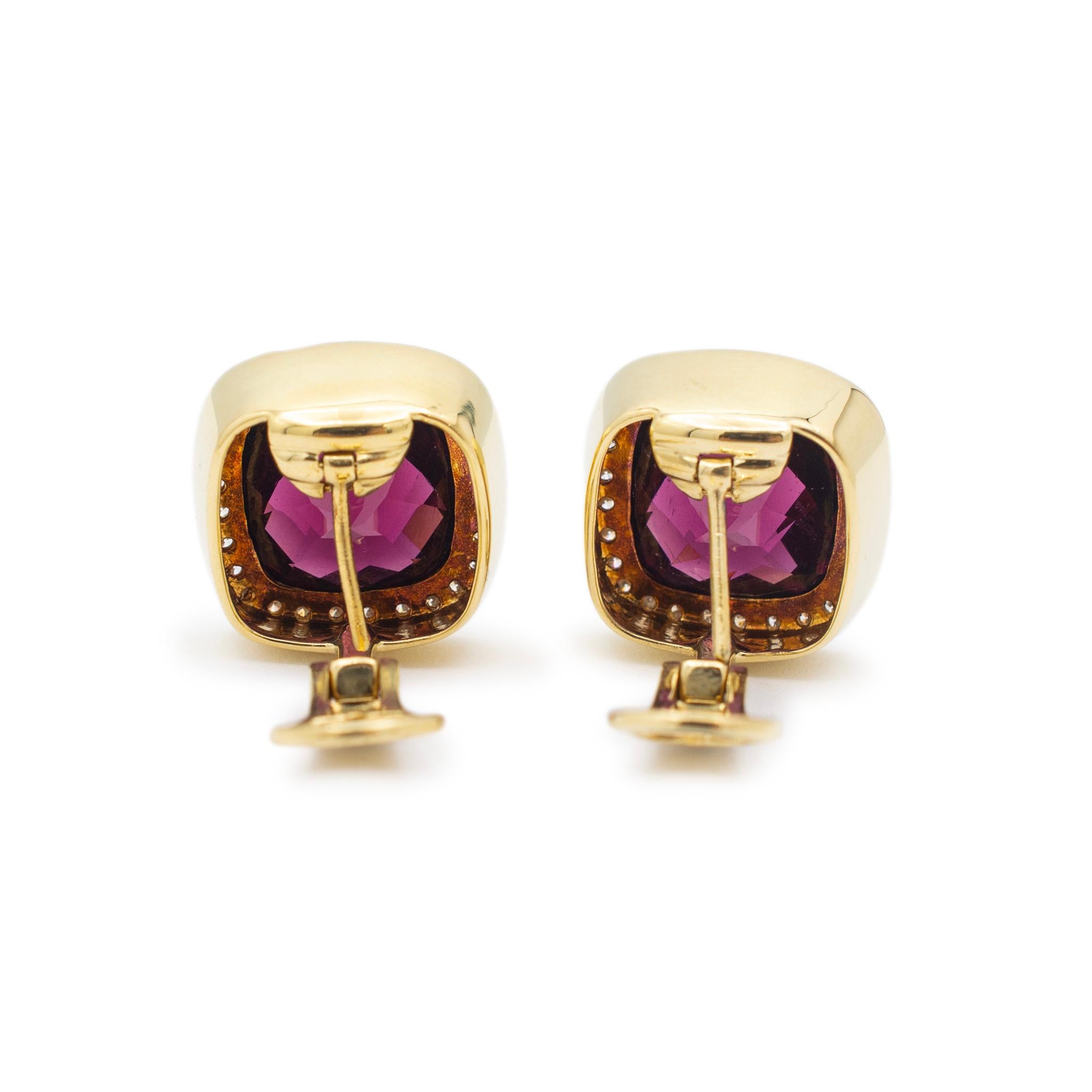 Ladies 18K Yellow Gold Garnet Halo Diamond Cushion Shaped Clip on Stud Earrings 1