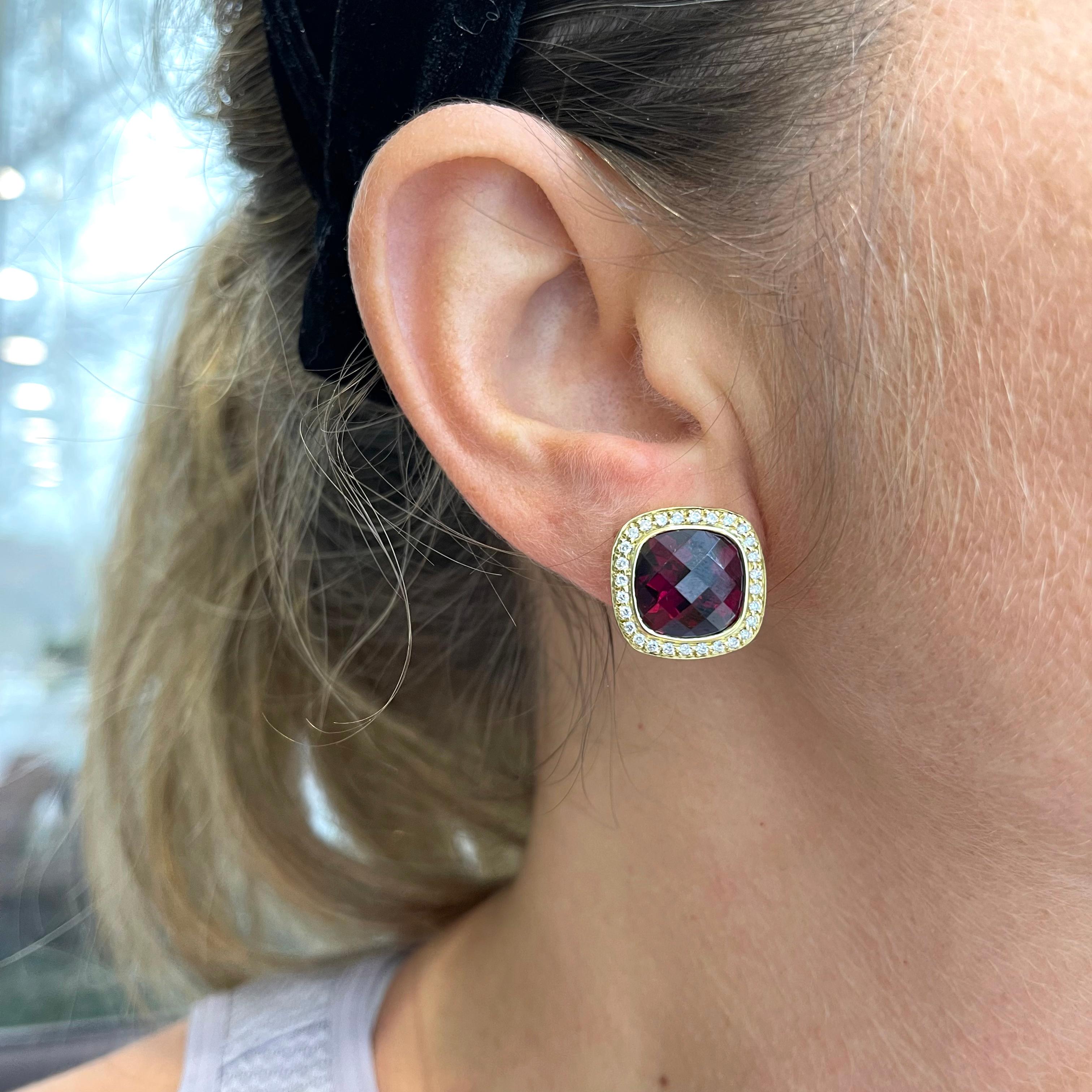 Ladies 18K Yellow Gold Garnet Halo Diamond Cushion Shaped Clip on Stud Earrings 2