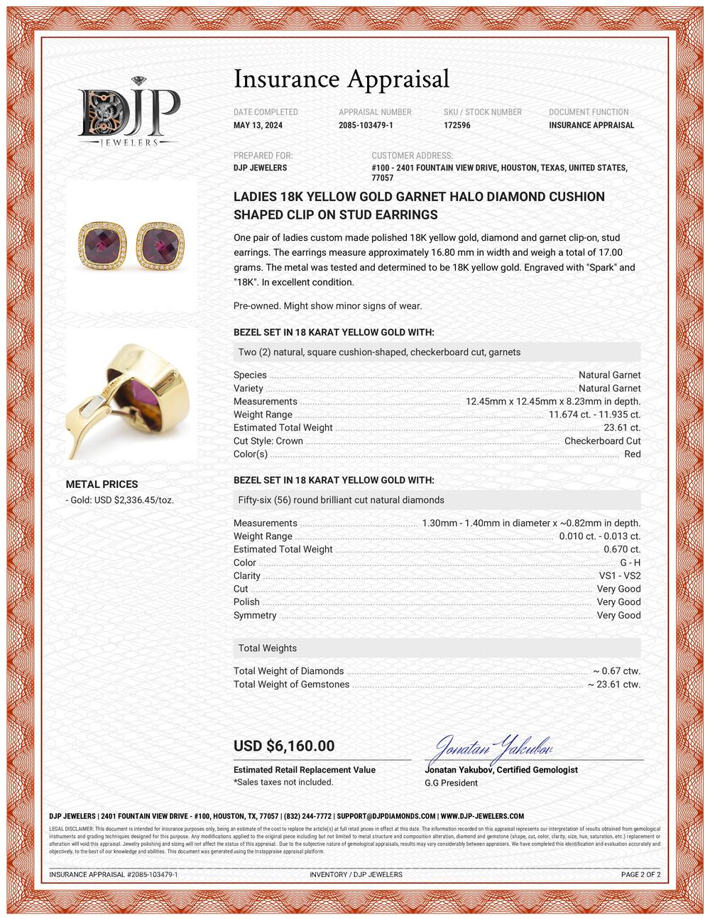 Ladies 18K Yellow Gold Garnet Halo Diamond Cushion Shaped Clip on Stud Earrings 3