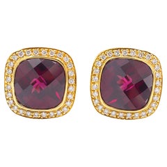 Ladies 18K Yellow Gold Garnet Halo Diamond Cushion Shaped Clip on Stud Earrings