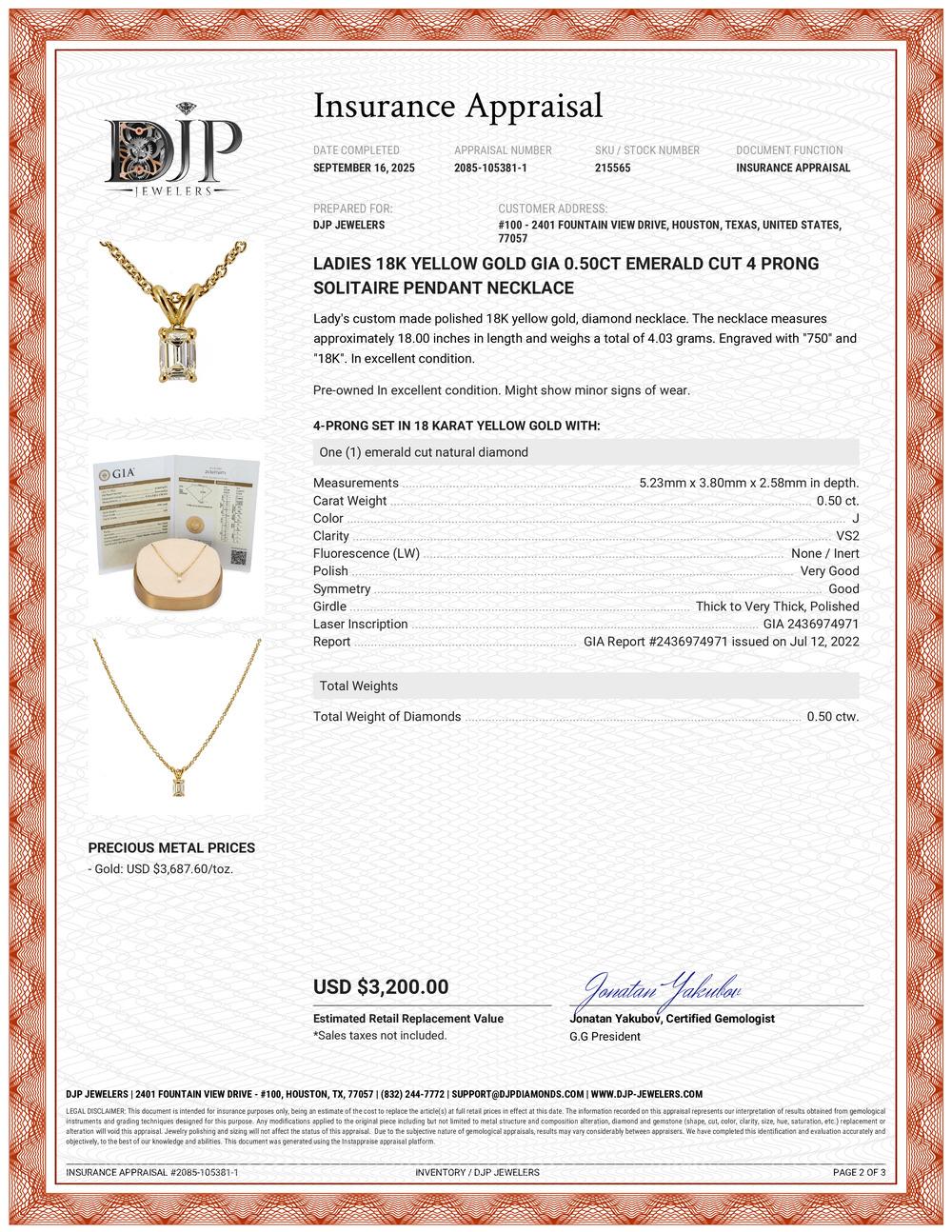 Collana da donna in oro giallo 18K GIA 0.50ct Emerald Cut 4 Prong Solitaire in vendita 5