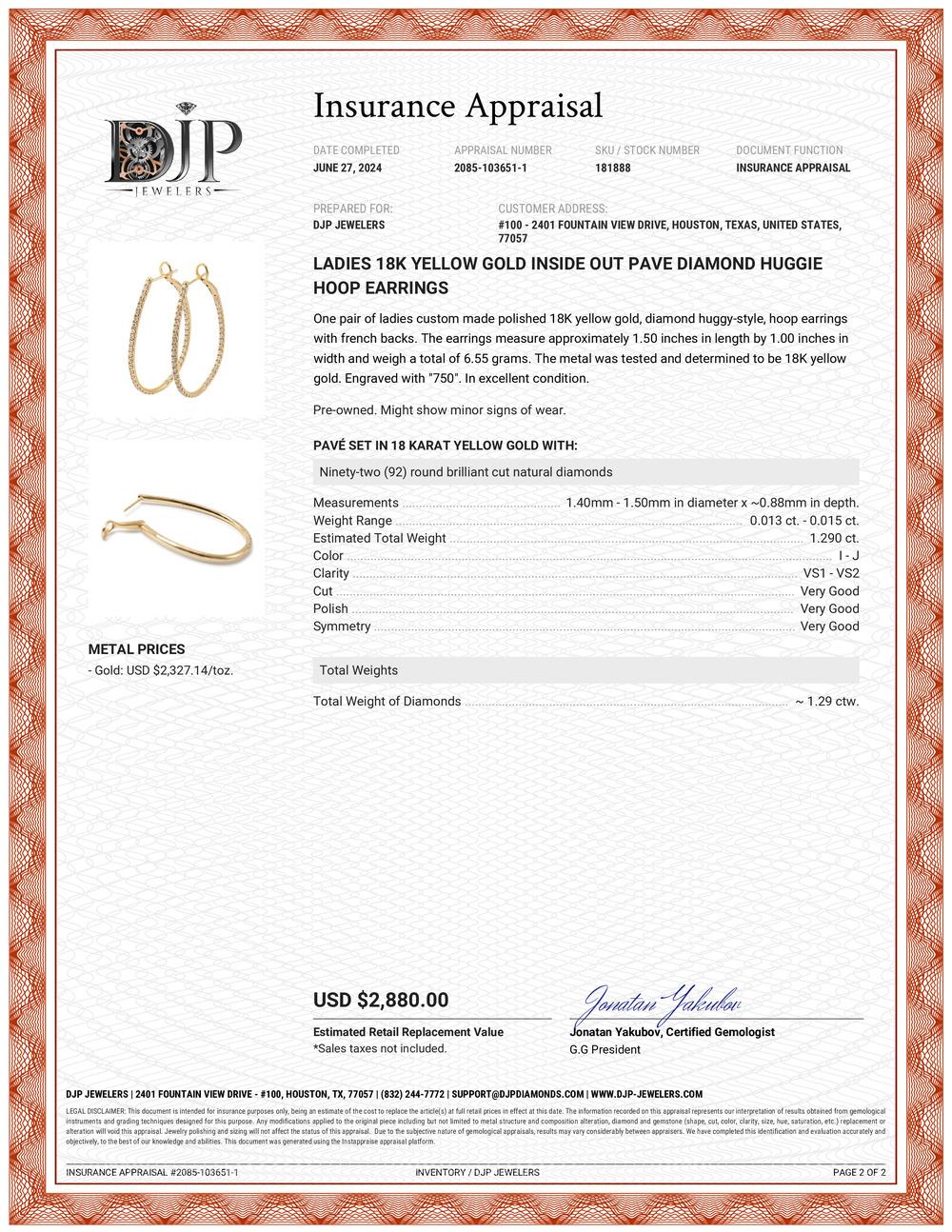 Ladies 18K Yellow Gold Inside Out Pave Diamond Huggie Hoop Earrings 3