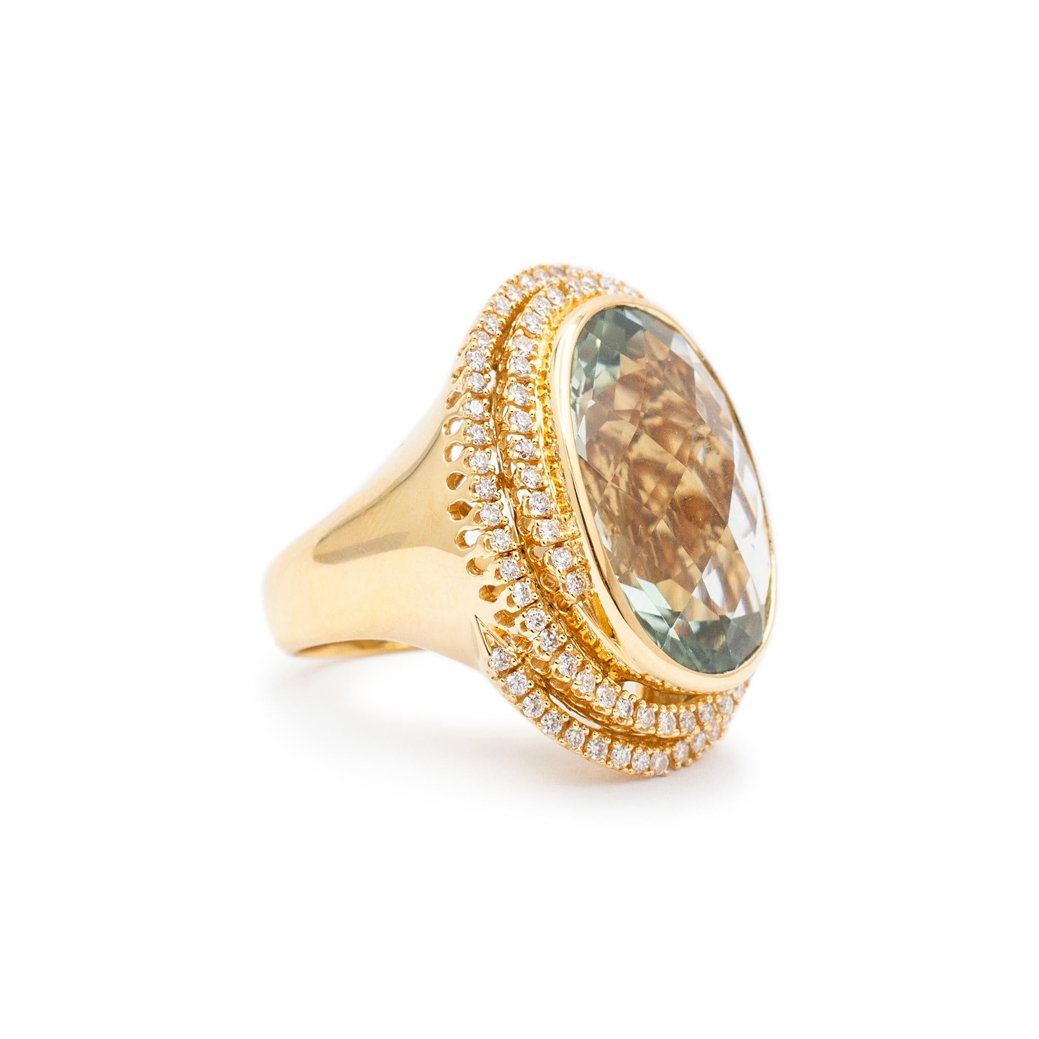 Brilliant Cut Ladies 18K Yellow Gold Oval Prasiolite Spiral Halo Diamond Cocktail Ring For Sale