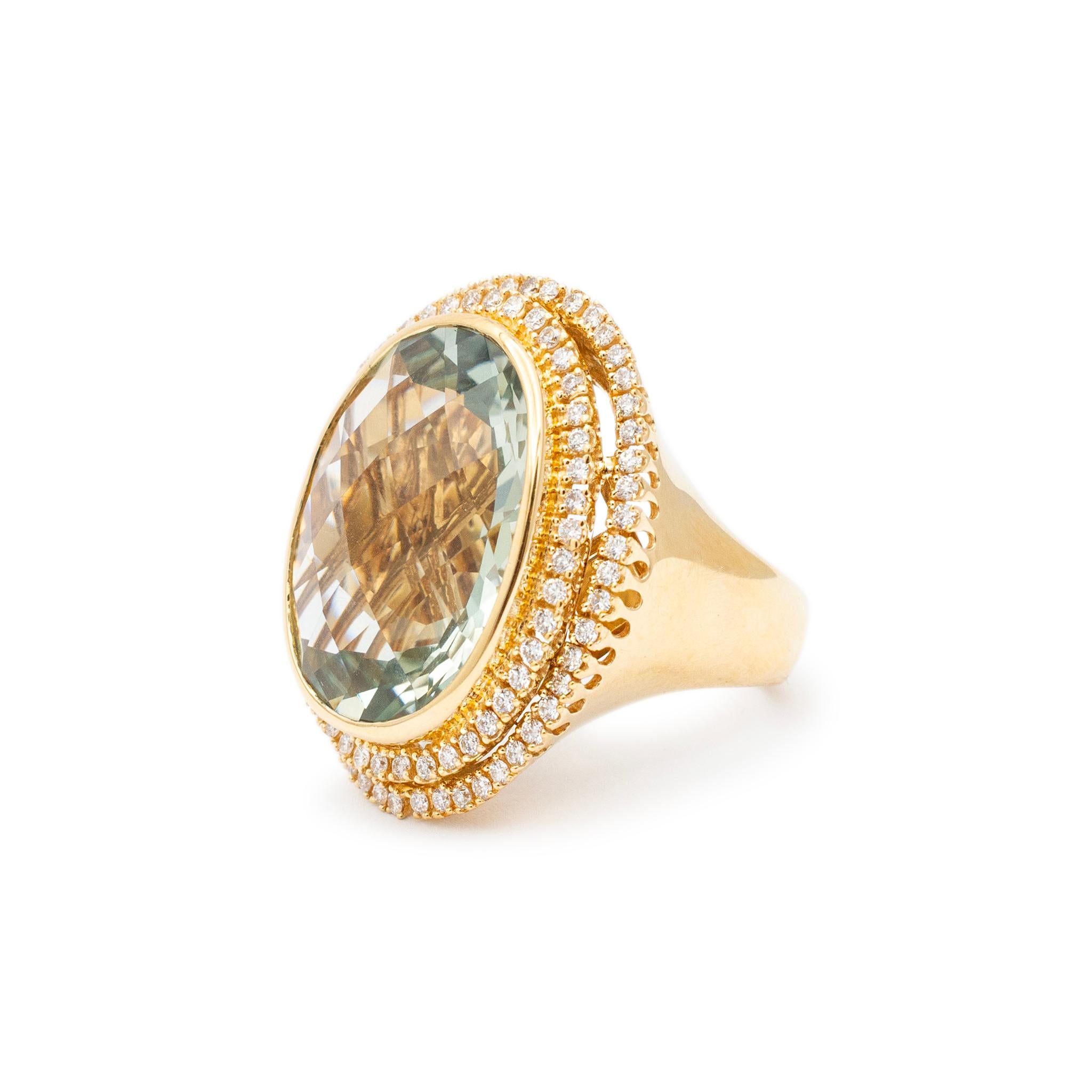 Ladies 18K Yellow Gold Oval Prasiolite Spiral Halo Diamond Cocktail Ring In Excellent Condition For Sale In Houston, TX