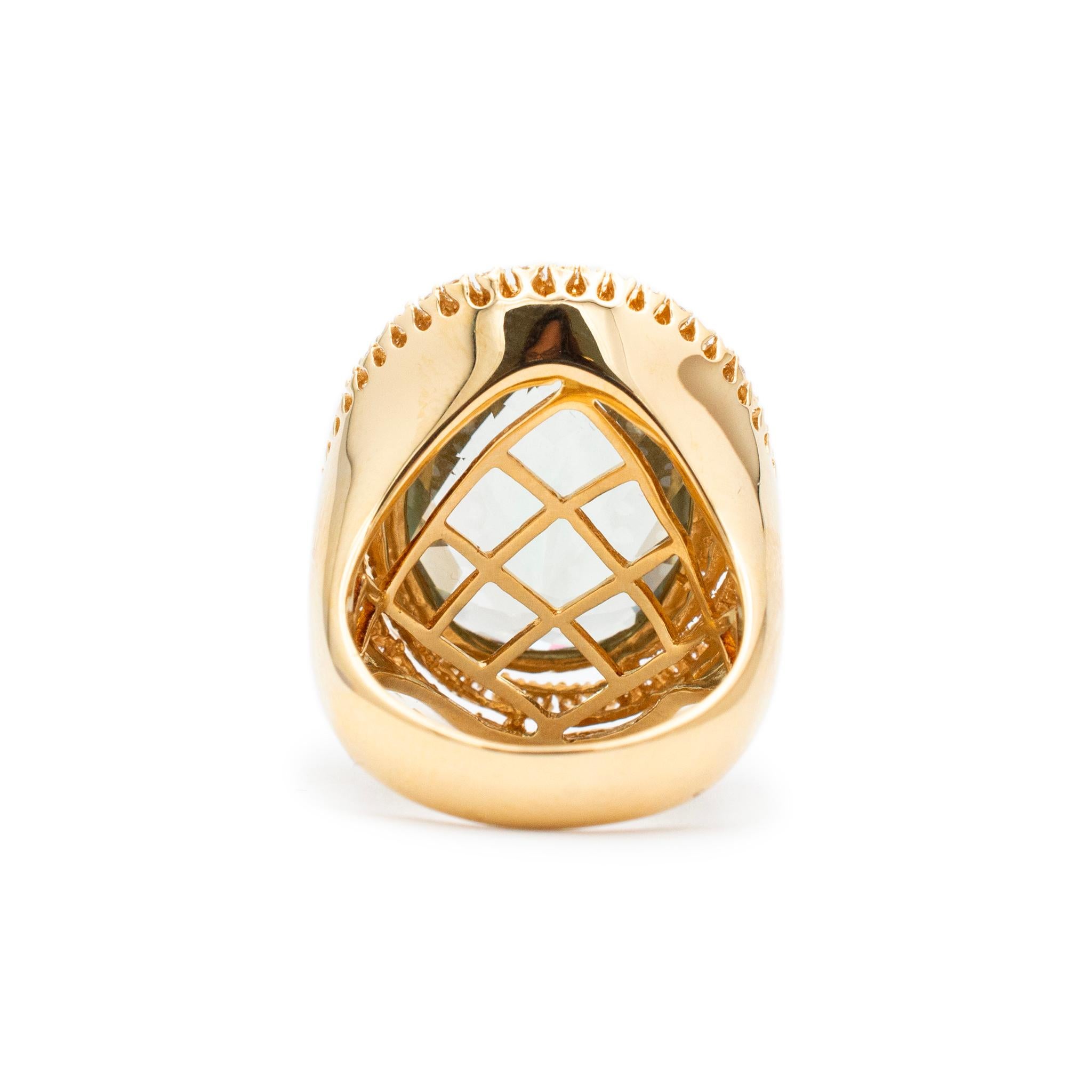 Women's Ladies 18K Yellow Gold Oval Prasiolite Spiral Halo Diamond Cocktail Ring For Sale
