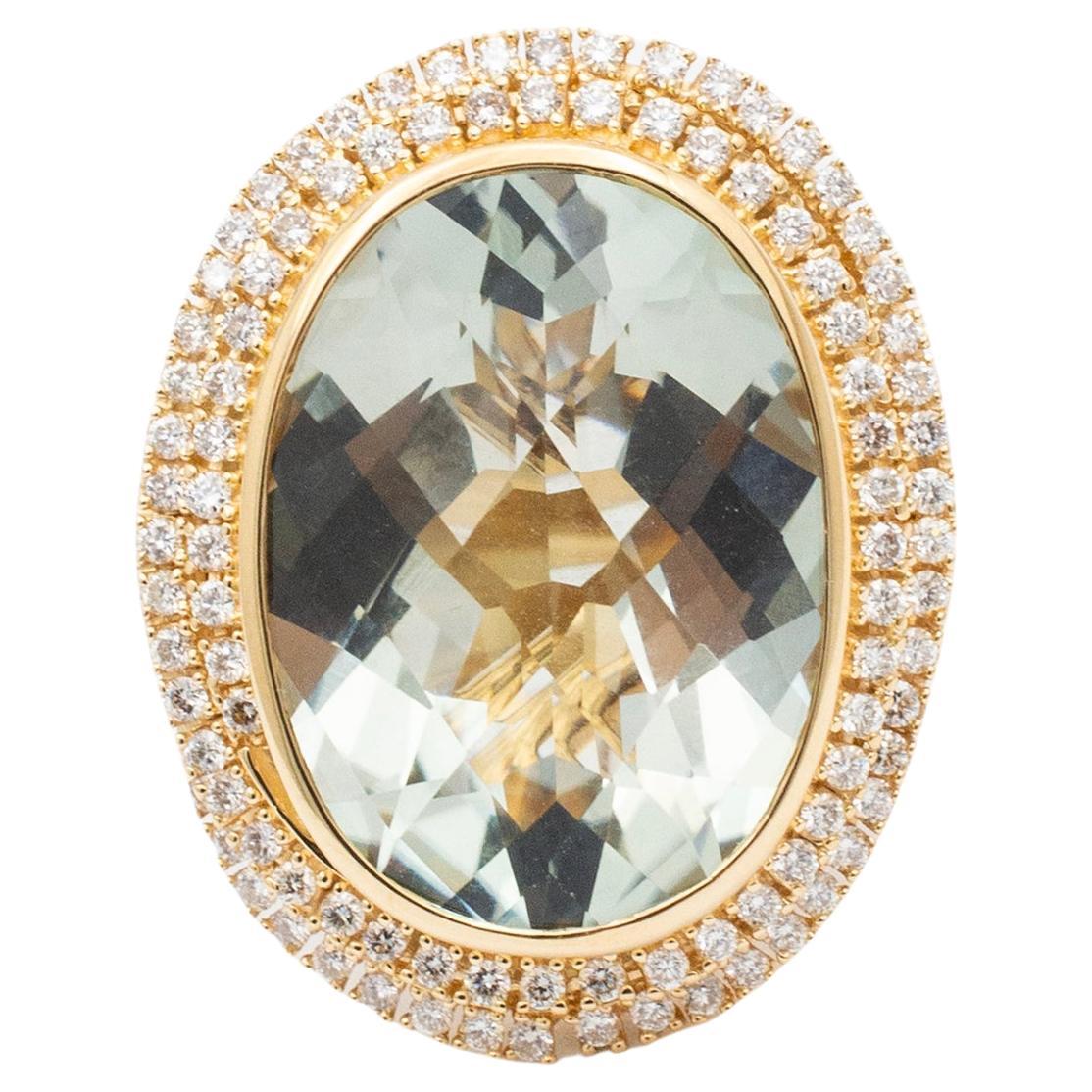 Ladies 18K Yellow Gold Oval Prasiolite Spiral Halo Diamond Cocktail Ring For Sale