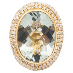 Ladies 18K Yellow Gold Oval Prasiolite Spiral Halo Diamond Cocktail Ring