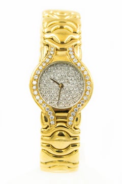 Ladies 18k Yellow Gold Platinum Cuff Watch with Diamond Face and Bezel