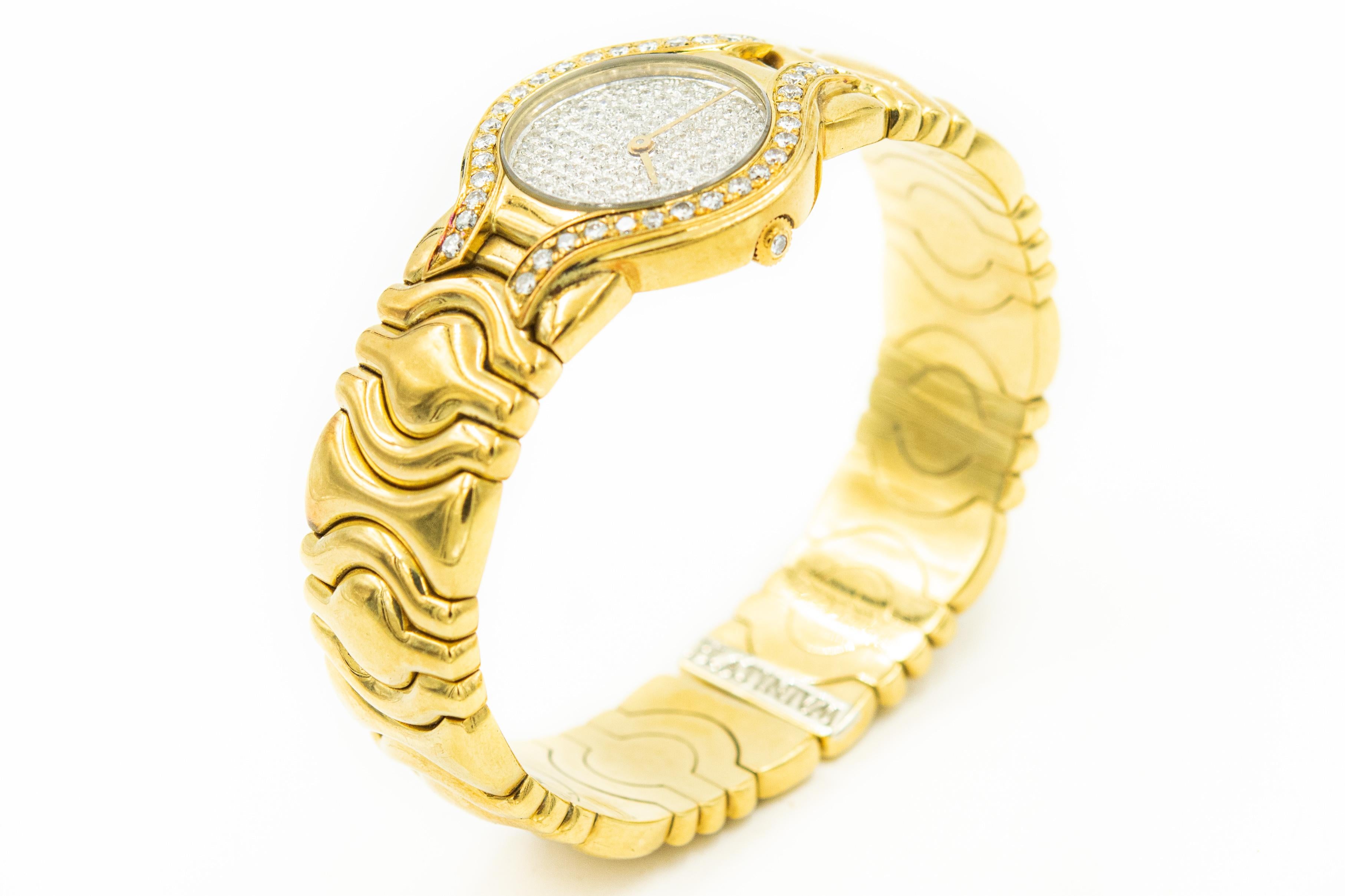 Ladies 18k Yellow Gold Platinum Cuff Watch with Diamond Face and Bezel 2