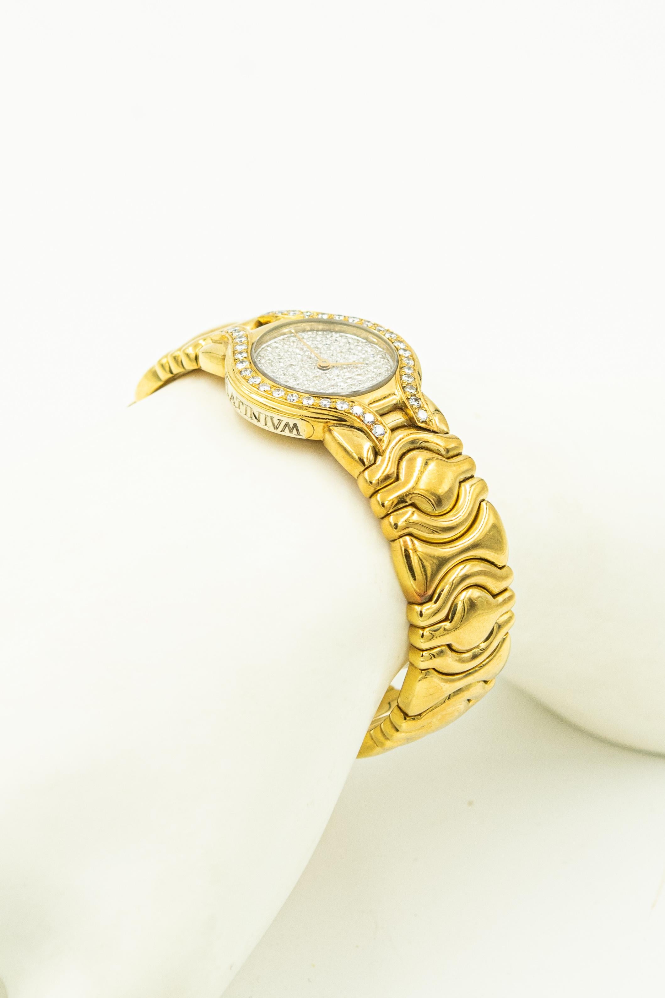 Ladies 18k Yellow Gold Platinum Cuff Watch with Diamond Face and Bezel 3