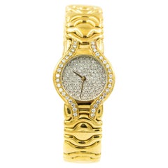 Ladies 18k Yellow Gold Platinum Cuff Watch with Diamond Face and Bezel