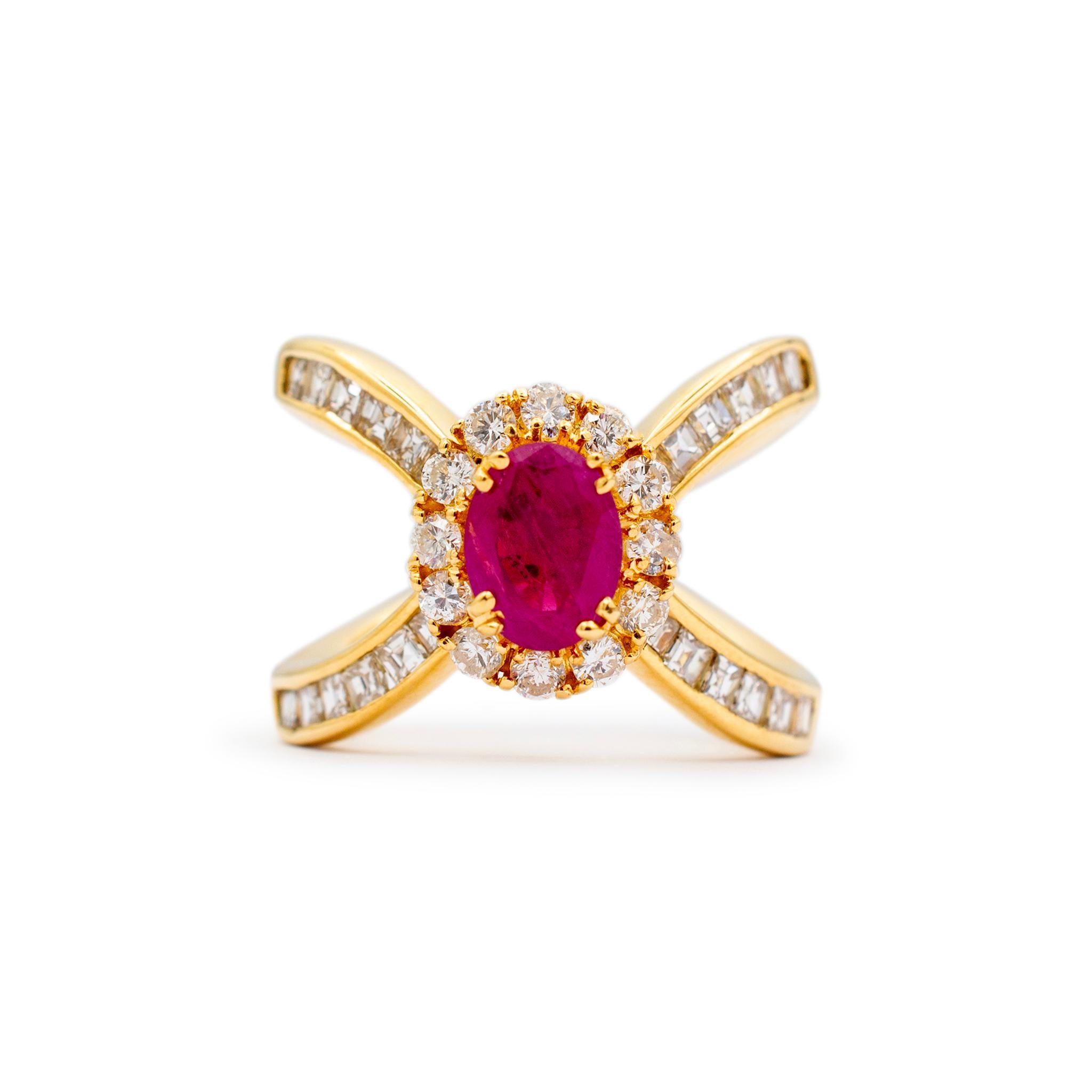 Gender: Ladies

Metal Type: 18K Yellow Gold

Size: 7

Shank Maximum Width: 17.00 mm

Head Measurement: 12.40mm x 10.50mm

Weight: 12.86 grams

Ladies 18K yellow gold diamond and ruby cocktail halo ring with a split-shank. The metal was tested and