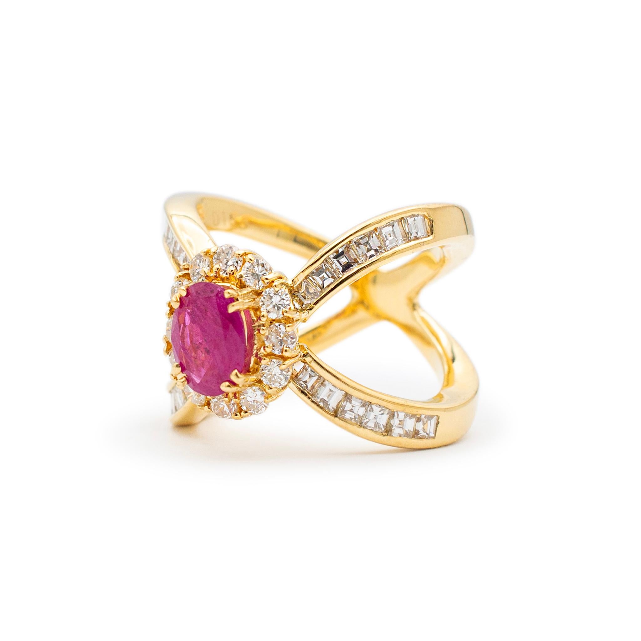 Oval Cut Ladies 18K Yellow Gold Ruby Halo Diamond Split Shank Cocktail Ring For Sale