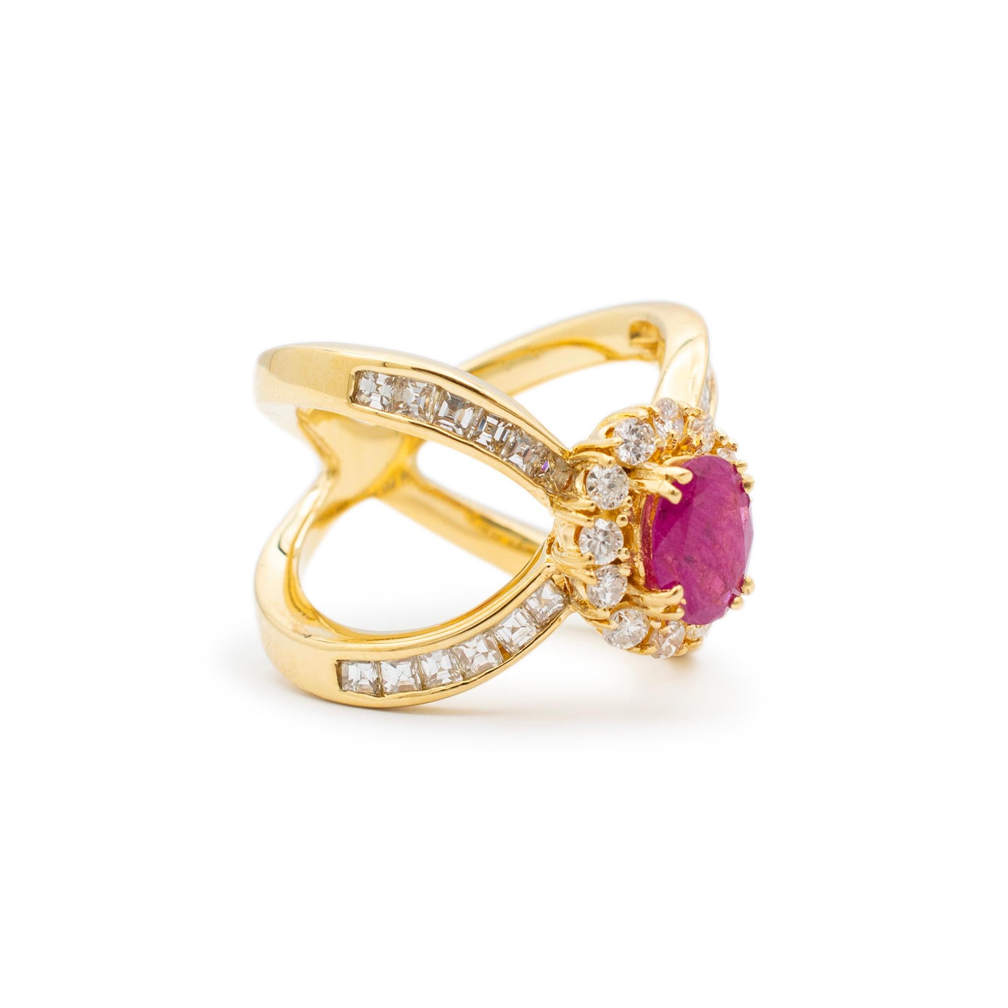 Ladies 18K Yellow Gold Ruby Halo Diamond Split Shank Cocktail Ring In Excellent Condition For Sale In Houston, TX