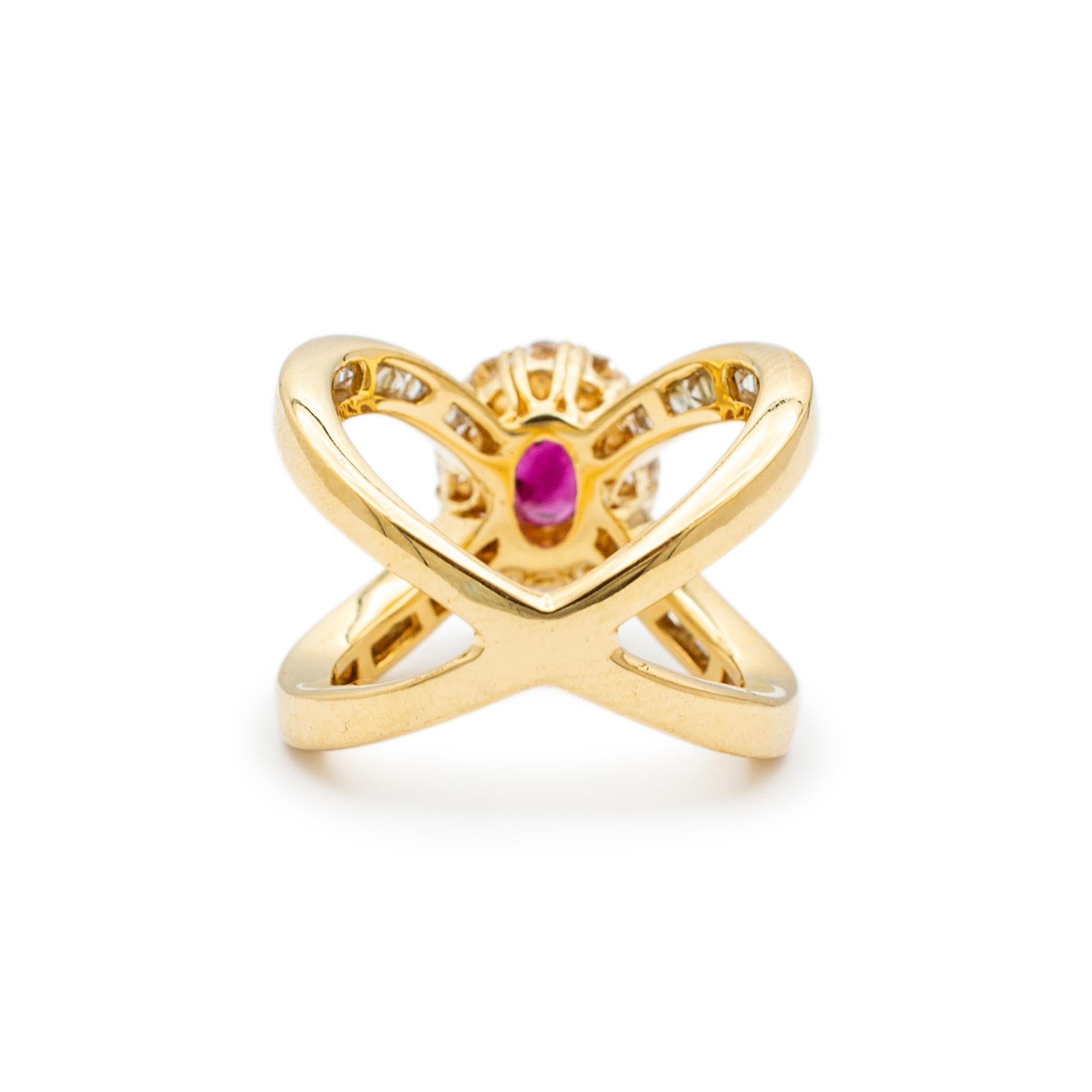 Women's Ladies 18K Yellow Gold Ruby Halo Diamond Split Shank Cocktail Ring For Sale