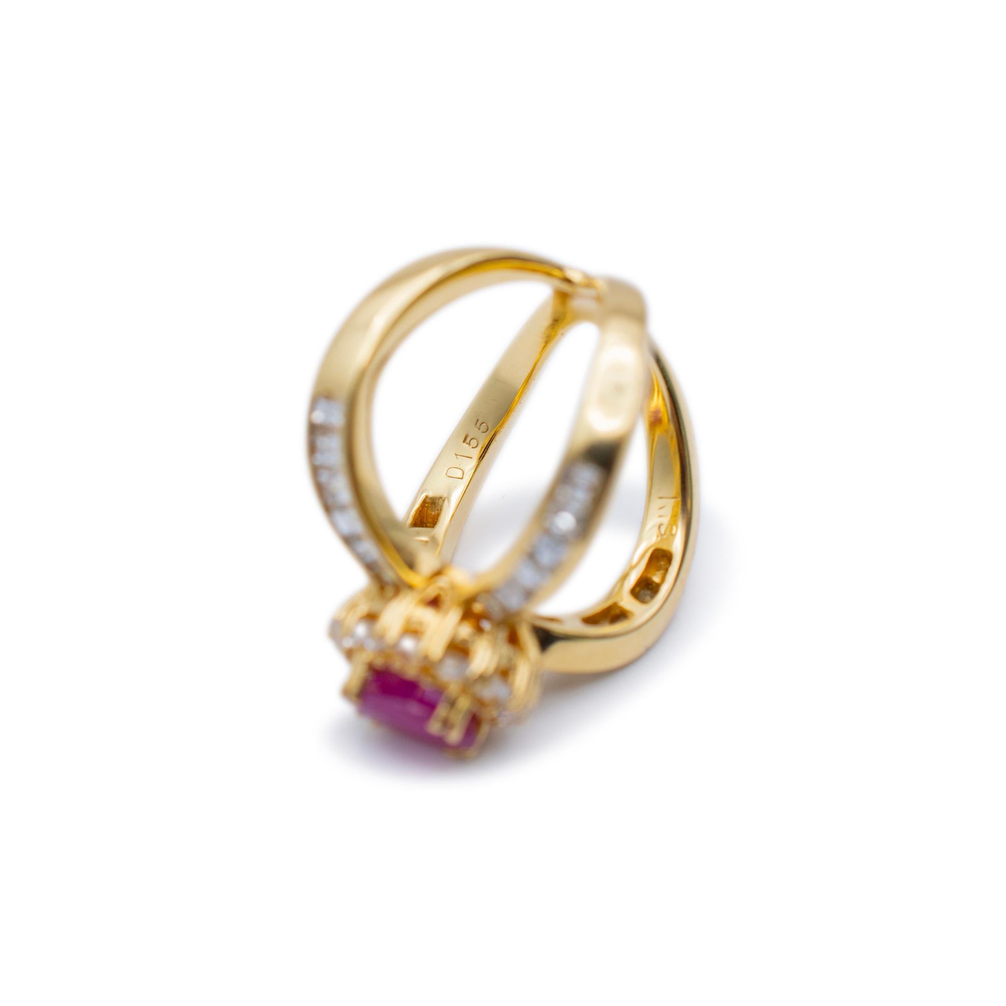 Ladies 18K Yellow Gold Ruby Halo Diamond Split Shank Cocktail Ring For Sale 1