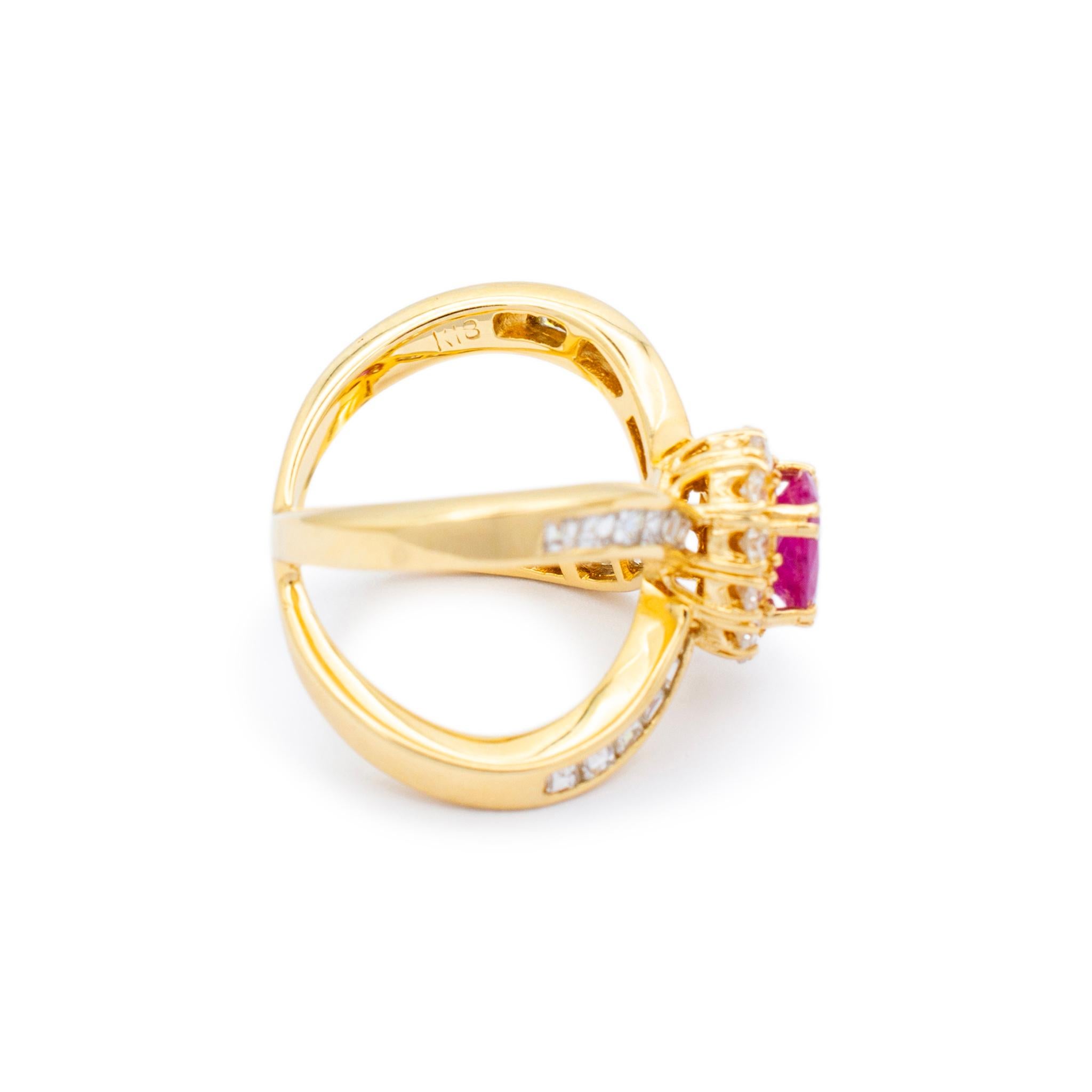 Ladies 18K Yellow Gold Ruby Halo Diamond Split Shank Cocktail Ring For Sale 2