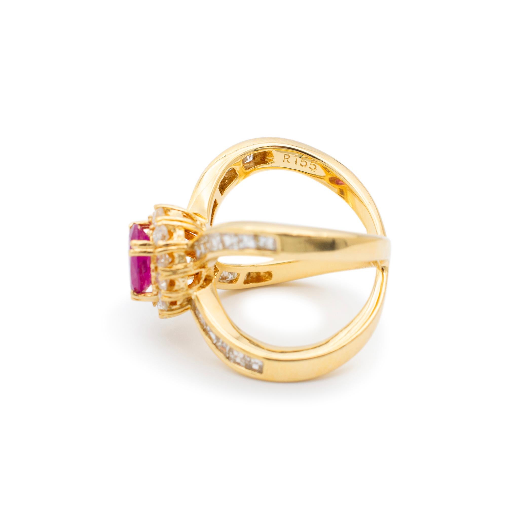 Ladies 18K Yellow Gold Ruby Halo Diamond Split Shank Cocktail Ring For Sale 3