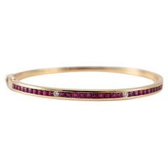 Ladies 18K Yellow Gold Square Ruby 
Round Diamond Bangle Bracelet