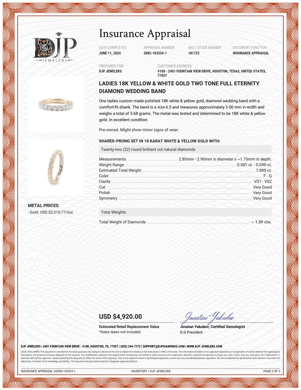 Ladies 18K Yellow & White Gold Two Tone Full Eternity Diamond Wedding Band 3