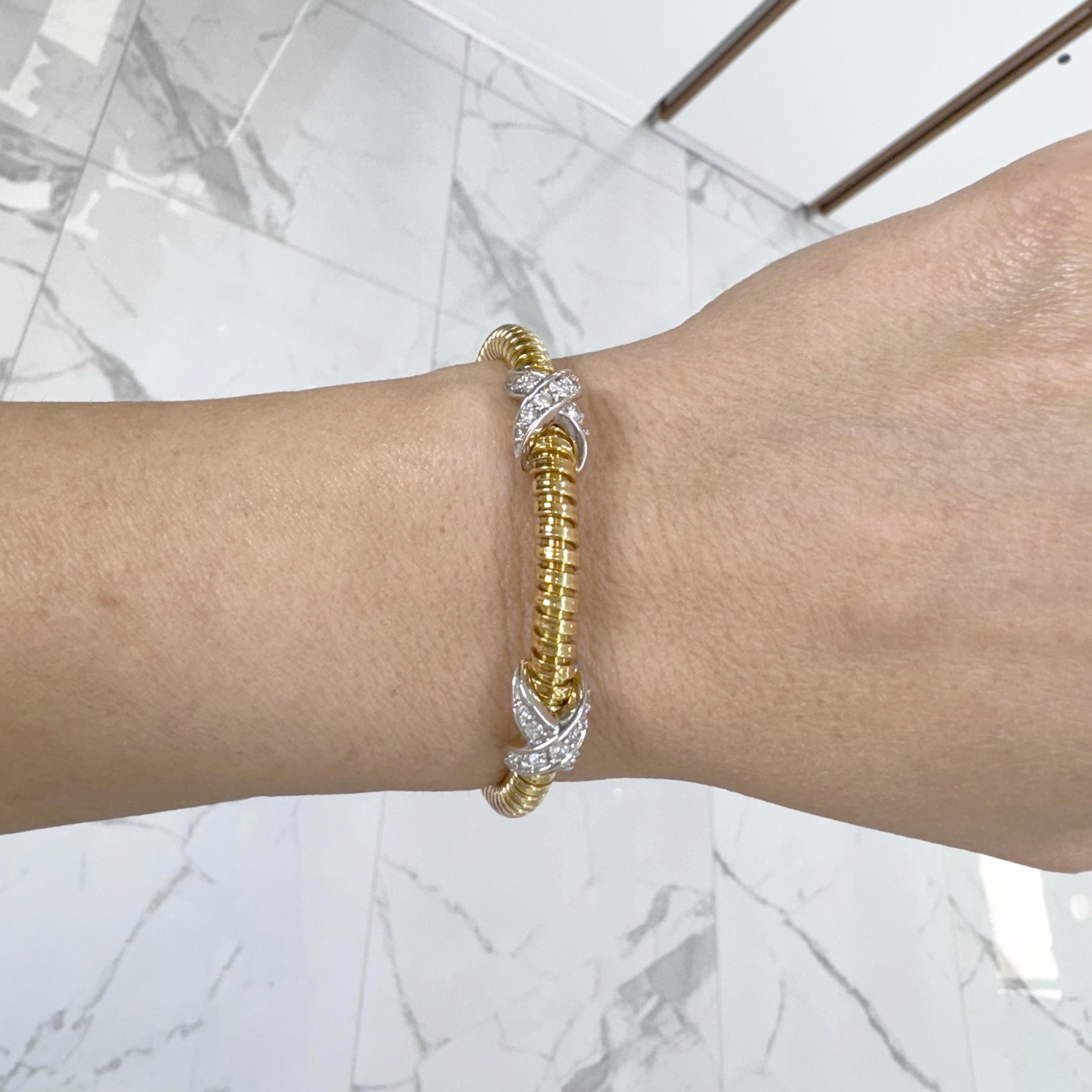 Damen 18K Gelb & Weiß Gold X Pave Diamant Flexible Manschette Armband 1