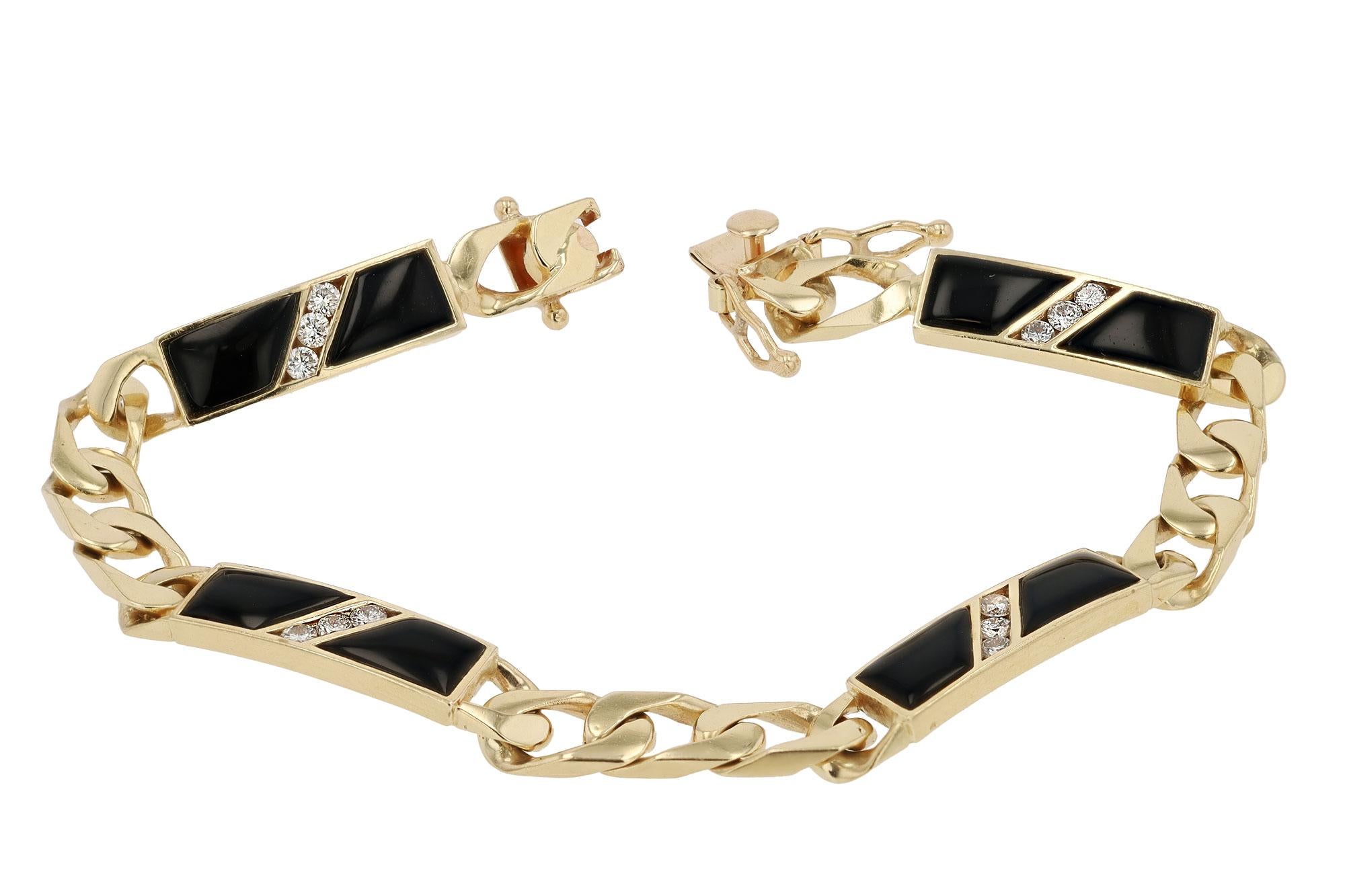 Modernist Ladies 1980s 14k Italian Gold Onyx & Diamond Cuban Link Bracelet For Sale